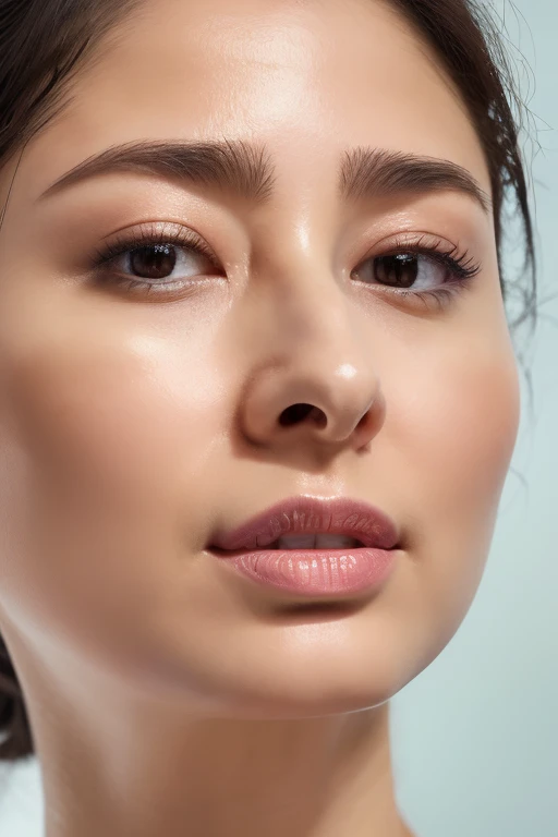 Taylor Hill、  High Resolution Realistic Photos ,8k,  Realistic Skin Texture ,Born々New People々々々々々々々, 1 girl, table top to cover upper arms,, Award-Winning Photos ,  very detailed , Close your eyes, Nose and mouth, Face Focus ,   extreme close-up of the face 、口を開けてClose your eyesいる女性,  black camisole 、20 years old,Black-haired、Symmetrical face, Insulated、  angle from below 、Extended C-shaped nostrils ,(( gray background ))、 sweated skin、汗で  growing skin を強調する照明、((Sharp Nose)) sweated, shiny skin、  growing skin 、 sweated hair、sunlight、(Brow wrinkles)((Frowning))、(( Thin eyebrows))(( oily skin 、  growing skin ))、double eyelid、Hair tied up、Updo、Please lift your head((Super wet skin))(((nasal septumが広く見える profile ,nasal septum, profile ))) profile 