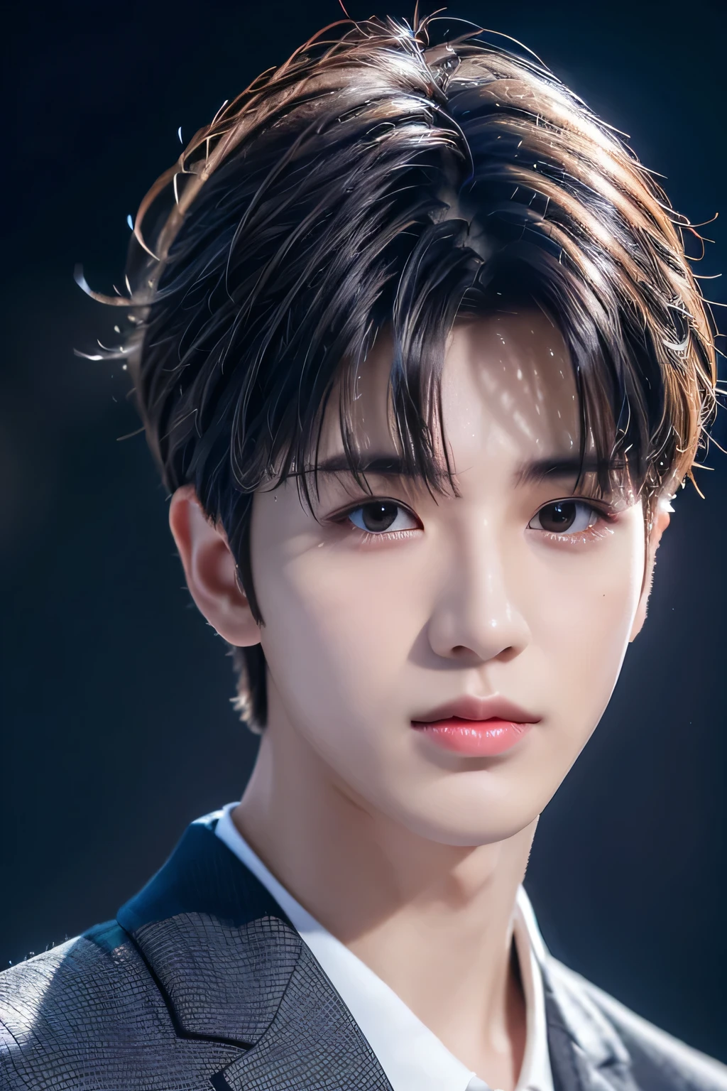 1 male、8Ｋ、Best Quality、masterpiece、(Face Shot:1.4)、、、Gray Hair、Short Hair、( realistic skin:1.1)、(( unkempt hair))、((()))、( professional lights and silhouettes:1.3)