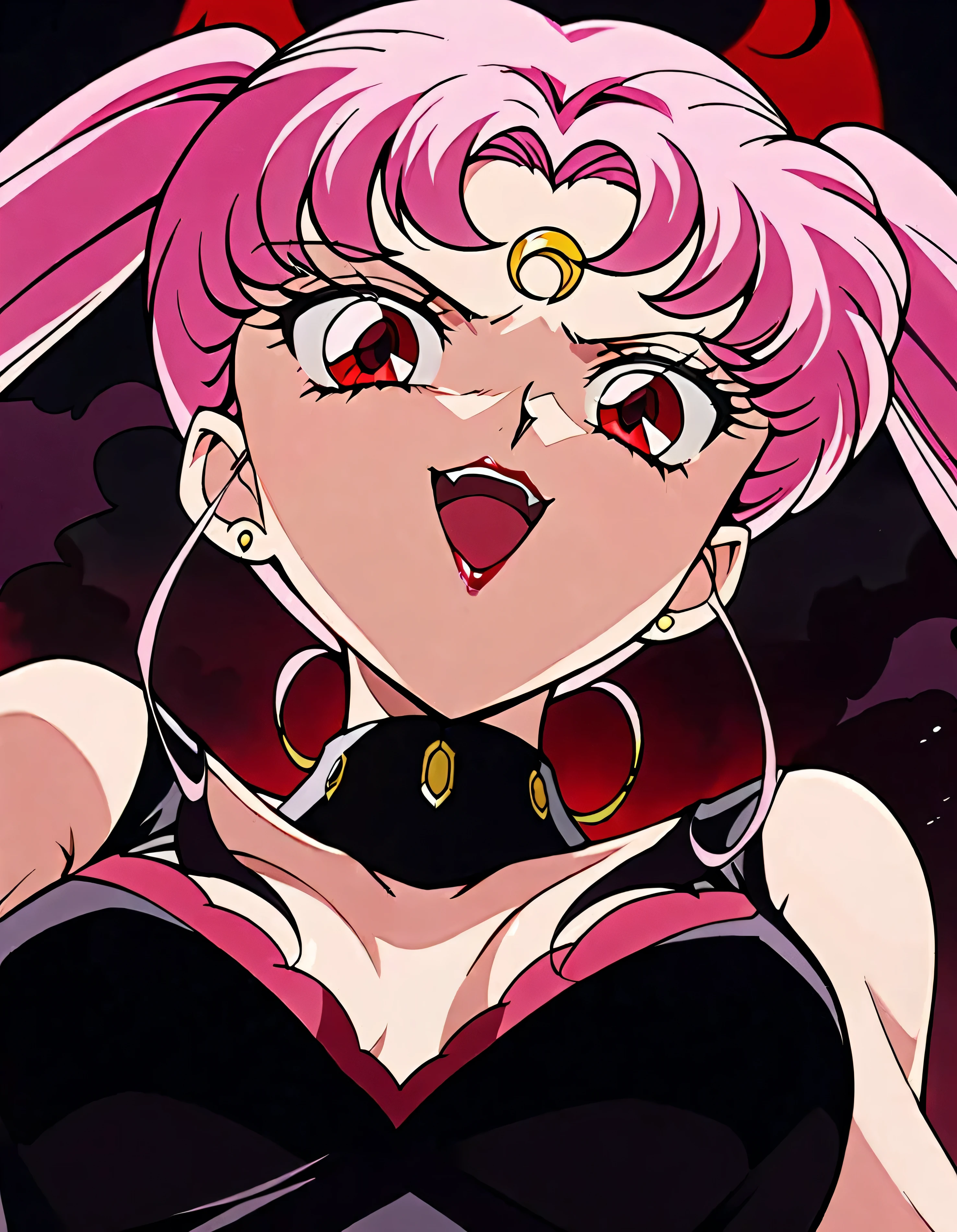 Wicked Lady from Sailor Moon, Pink Hair, Red eyes, , Black crescent moon mark on forehead, very evil smile,open_mouth,beautiful body,shaded face(eyes in evil shadow),((masterpiece,best quality)), absurdes,black dress,upper body,beautiful face,,looking down at viewer,twintail,,Sadistic ridicule,look down,looking down at viewer, ,city of evil darkness background,from below,close up,Dark Side、Alone、1girl,darkness,wander,