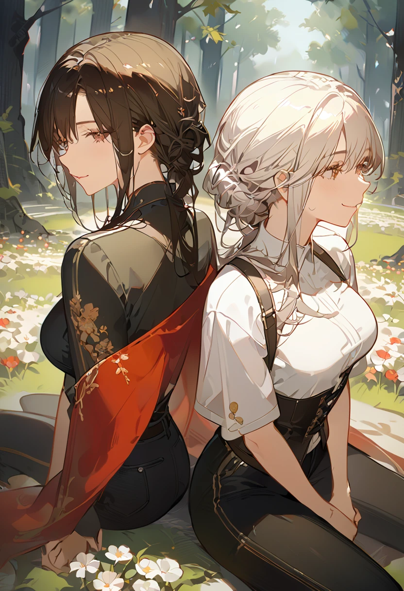 masterpiece, 2 female, back to back, backing each other, backing, dark brown hair, long hair, brown eyes, smiling gently, look away, white shirt, shirt by the shoulder, leather corset, black long pants, sitting, 1 female on the background, white long hair on the background, black clothes with red cape, face slightly facing up, flower field, forest background, camera pov from above slightly to the side, only showing black hair female face, white hair female on the back, 8k ,4k , best quality, high quality, masterpiece, embroidery  clothes, big chest, all kind of hairstyle, inspired by Asukaziye artist : ask, art style : ask