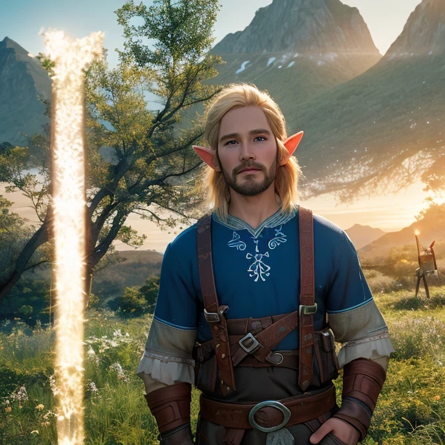 there is a man standing in a field with a sign and a smiley face, daddy energy, daddy, he is about 7 0 years old, he is about 4 0 years old, he is about 40 years old, daddy/fatherly, he is about 3 0 years old, he is about 30 years old, taken in 2 0 2 0,HD, (Best Detail), (Best Quality), Zelda, Relic, Joy, Masterpiece, Best Quality, High Resolution, Relic, Forest, Elf Ears, ((Blonde Hair))