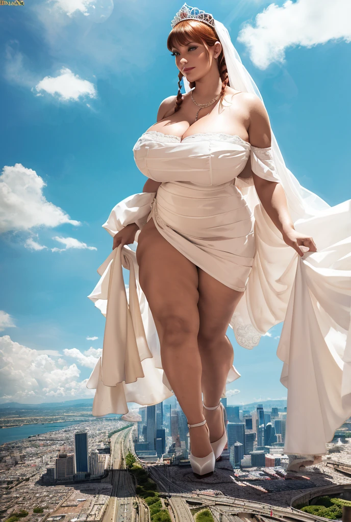 1, massive 100 miles tall giantess curvy bbw woman bigger the whole cities, beautiful curves a massive thighs, ginger hair in a long fishtail braid, lipstick,  Young adult woman beautiful curves a massive thighs lipstick wearing a perfect long flowing pure white wedding gown dress that reaches the floor covering feet with fit-to-flare silhouette, heart shape on the bodice, large necklace , sleeves, (long trailling train and tiara and long veil), a long flowing train, colossal breasts. Platform high heels , standing, giantess art, highly detailed giantess shots, giantess, most detailed, perfect face, Two legs, Five fingers, short hair, A girl who is bigger than a skyscraper, standing on very small city, skyscarpers at their feet, skyscrapers small, smile, huge breasts, major metropolis, numerous cities, , A very small big city, Miniature metropolis, Full body description, GTS, giga giantess, gigagts, stomping city, crush city, tiny city, micro city, , High resolution, highest quality, masterpiece,  tiny destroyed skyscrapers city, illustration, skyscrapers size of small toys standing behind and very far away from city, (masterpiece, best quality, best shadows, best shading, perfect hands, perfect face, cinematic lighting, colorful, ultra-detailed, beautiful photography, character focus, extremely-detailed, photorealistic, hyper photorealism, atmospheric),), (giantess, stereotypical), ((walking, mid stride:1.2, stepping down on:1.2, white platform Louboutin rounded toe pumps, high heels, platform heels), ((,)), ((long braid hair with front bangs)), (high altitude photography, satellite view), (curvy, , heaving bosom, legs), (mega city, urban sprawl, and small towns, destruction, buildings, roads), (((cloudy, overc. The image is a high-resolution, masterpiece-quality, cinematic, ultra-detailed, and hyper-photorealistic photograph, with perfect hands, face, and lighting. ultra-detailed, 8K, photo-realistic, hyper-realistic, masterpiece, intricate details, full body view