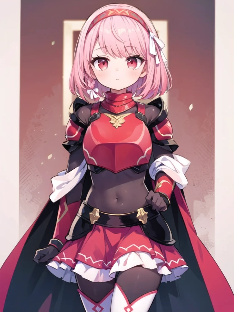 1girl, solo, masterpiece, best quality, perfect hands, lapis_def, red hairband, short hair, pink hair, red eyes, white thighhighs, cape, red skirt, red armor, bangs, skirt, gloves, braid, parted lips, black gloves, armor, shoulder armor, side braid, breastplate, closed mouth, white ribbon, hair ribbon