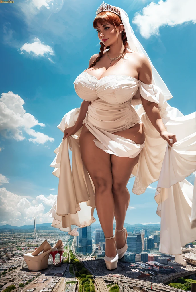 1, massive 100 miles tall giantess curvy bbw woman bigger the whole cities, beautiful curves a massive thighs, ginger hair in a long fishtail braid, lipstick,  Young adult woman beautiful curves a massive thighs lipstick wearing a perfect long flowing pure white wedding dress that reaches the floor covering feet with fit-to-flare silhouette, heart shape on the bodice, large necklace , sleeves, (long trailling train and tiara and long veil), a long flowing train, colossal breasts. Platform high heels , standing, giantess art, highly detailed giantess shots, giantess, most detailed, perfect face, Two legs, Five fingers, short hair, A girl who is bigger than a skyscraper, standing on very small city, skyscarpers at their feet, skyscrapers small, smile, huge breasts, major metropolis, numerous cities, , A very small big city, Miniature metropolis, Full body description, GTS, giga giantess, gigagts, stomping city, crush city, tiny city, micro city, , High resolution, highest quality, masterpiece,  tiny destroyed skyscrapers city, illustration, skyscrapers size of small toys standing behind and very far away from city, (masterpiece, best quality, best shadows, best shading, perfect hands, perfect face, cinematic lighting, colorful, ultra-detailed, beautiful photography, character focus, extremely-detailed, photorealistic, hyper photorealism, atmospheric),), (giantess, stereotypical), ((walking, mid stride:1.2, stepping down on:1.2, white platform Louboutin rounded toe pumps, high heels, platform heels), ((,)), ((long braid hair with front bangs)), (high altitude photography, satellite view), (curvy, , heaving bosom, legs), (mega city, urban sprawl, and small towns, destruction, buildings, roads), (((cloudy, overc. The image is a high-resolution, masterpiece-quality, cinematic, ultra-detailed, and hyper-photorealistic photograph, with perfect hands, face, and lighting. ultra-detailed, 8K, photo-realistic, hyper-realistic, masterpiece, intricate details, full body view