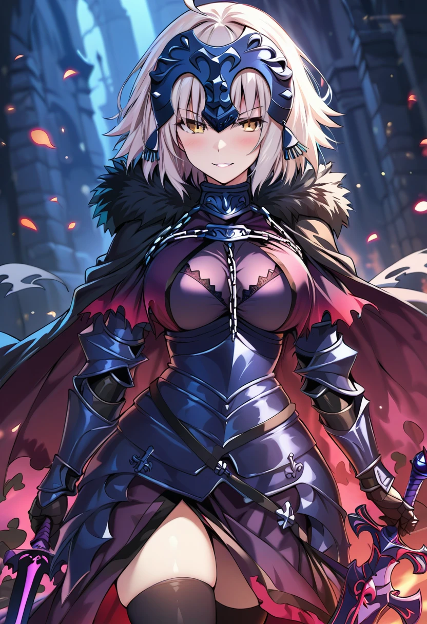 jeanne d'arc alter (fate), jeanne d'arc alter (avenger) (fate), yellow eyes, thighhighs, solo, weapon, sword, breasts, ahoge, armor, large breasts, gauntlets, headpiece, cape, short hair, black thighhighs, smile, armored dress,,masterpiece, best quality, very aesthetic, absurdres,HDR