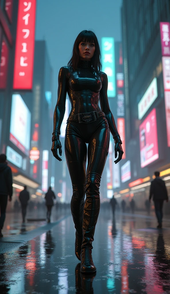 masterpiece, detailed shadows, detailed background, best quality, expressive eyes, perfect face), (((cyborg, expressive clothes)), ((long curly hair)), (wearing techwear clothes, techwear fashion, techwear trousers, cyberpunk), ,cleavage, ((expressive-tattoos)), ((in street after rain, surrounded by skyscrapers)), best view angle, vibrant neon lights, holographic advertisements, reflections on wet pavement, dramatic lighting, ethereal beauty, futuristic urban jungle)
