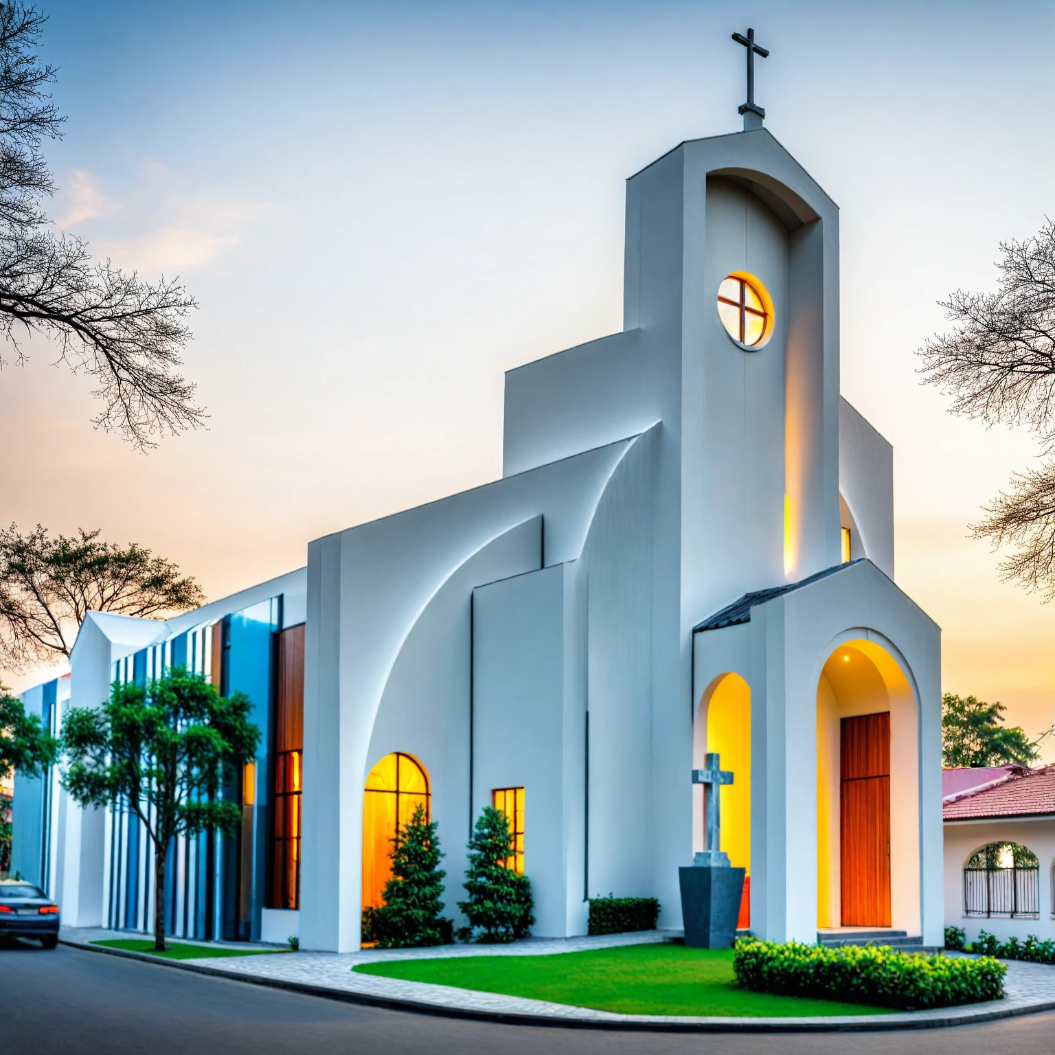 raw photo, best quality, ultra realistic, masterpiece, best quality skin, photography hd, dslr,
tcs, httlvn, modern church, road, people, house, facade design, outdoors, church, white walls, cross on top, curved shape building, 
Dusk, sunshine, 
View from a tree, dof view, 
