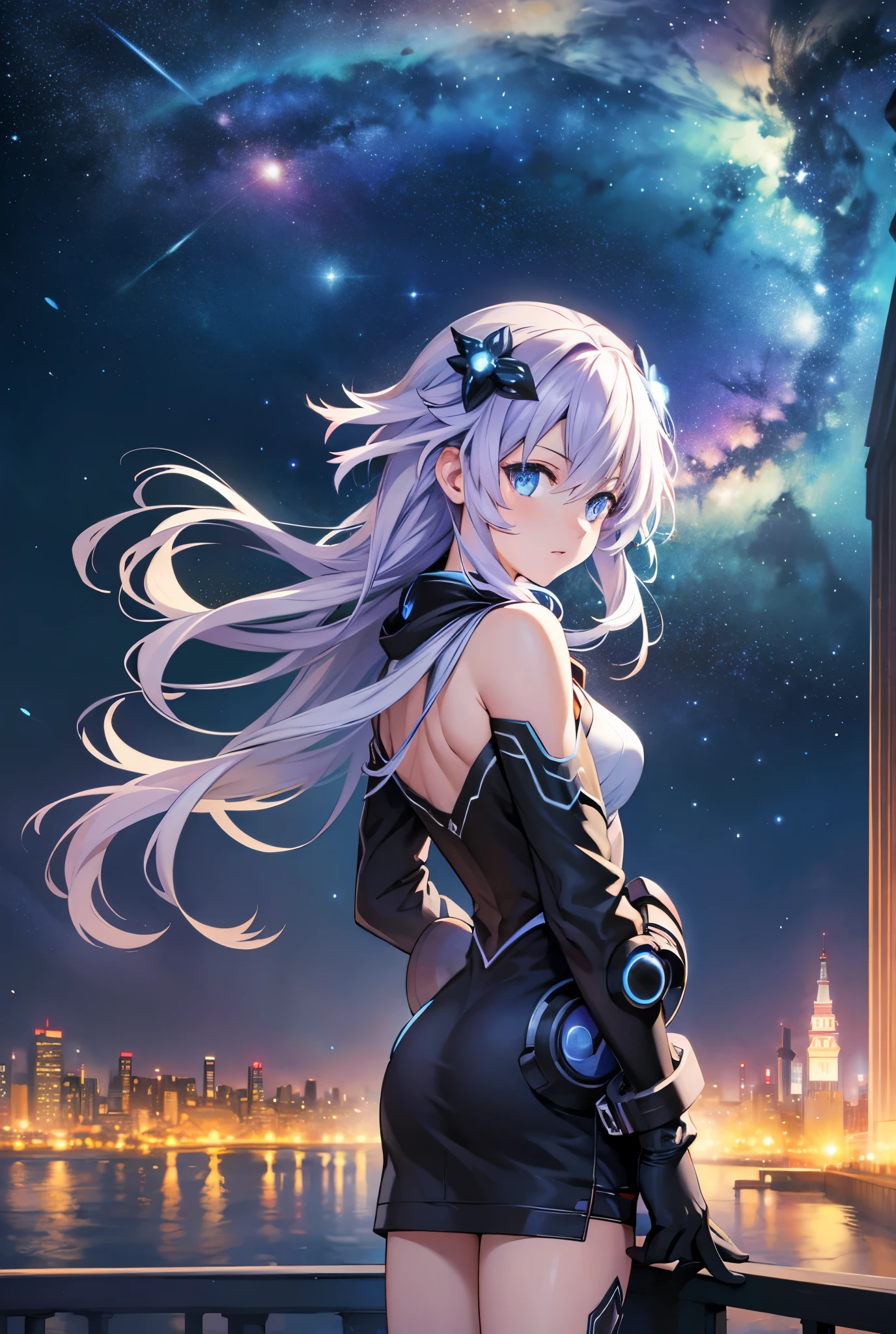 High resolution , masterpiece , The best quality, necessary, HD model, tall details , High quality, very detailed , Textured skin , UHD, foreground, Night city with sky full of stars with many colors, looking into infinity