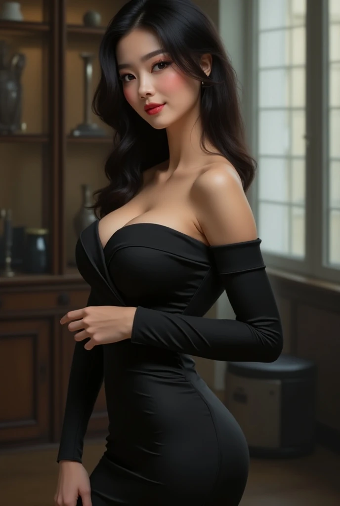 Highly detailed realism, (huge breasts), very delicate face, moist lips, (very long hair), innocent big eyes, detailed eyes, open shoulder tight dress, black hair, very detailed expression, Hug in chair