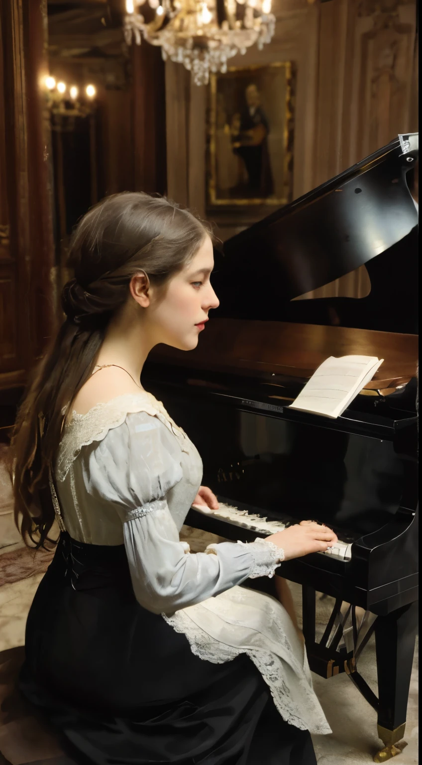 Guests attend a Chopin Concert in a private residence 1840s, a highly detailed portrait of elegant guests attending a private Chopin piano concert in a luxurious 1840s mansion interior,(photorealistic,masterpiece:1.2),ultra-detailed,(realistic,photo-realistic:1.37),ornate furnishings,chandeliers,plush curtains,grand piano,audience in formal attire,candlelight,mood lighting,dramatic shadows,warm color tones,victorian era,classical music,elegant aristocratic atmosphere 1840s