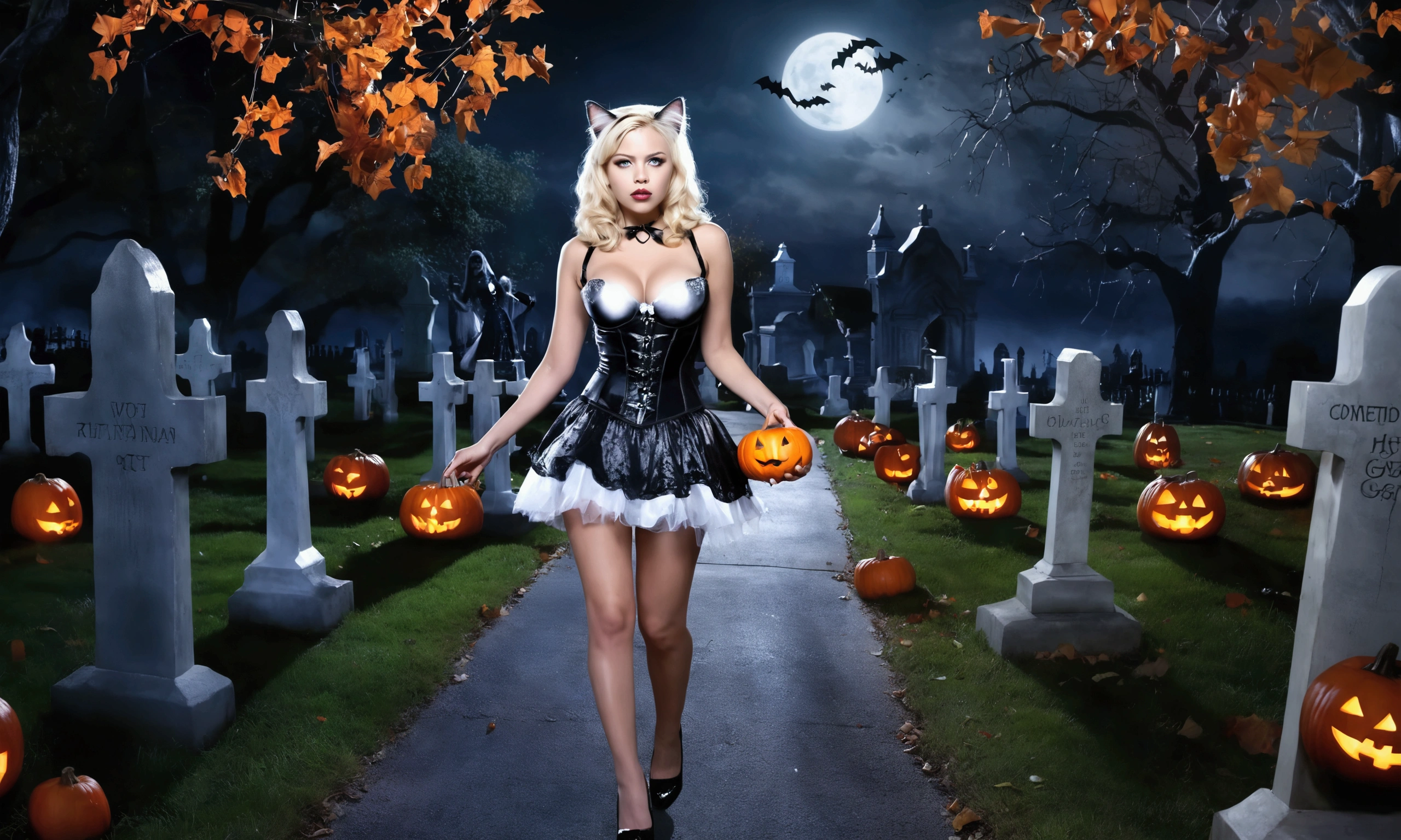 Scarlett Johannsen (sexy cat girl outfit) is out Trick or Treating on Halloween night. She is passing by a cemetery when the ghosts of several age boys (translucent, partial people, specter) start haunting her and professing their love, several girl ghosts are jealous. Moonlight (festive Halloween scene, hyper realism)