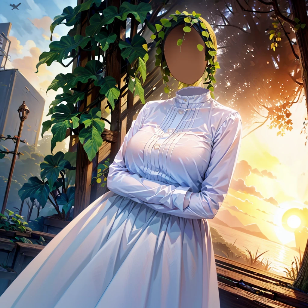 1girl, (invisible:1.5, no humans:1.5, headless:1.5, faceless:1.5), aafern, large breasts, long dress, white dress, black robe, long sleeves, (close-up shot of breasts), (8k, RAW photo, best quality, masterpiece:1.2), (realistic, photo-realistic:1.37), photon mapping, radiosity, ((Hasselblad photography)), physically-based rendering, in forest, beautiful sunset, fold your arms, (crossed arms)