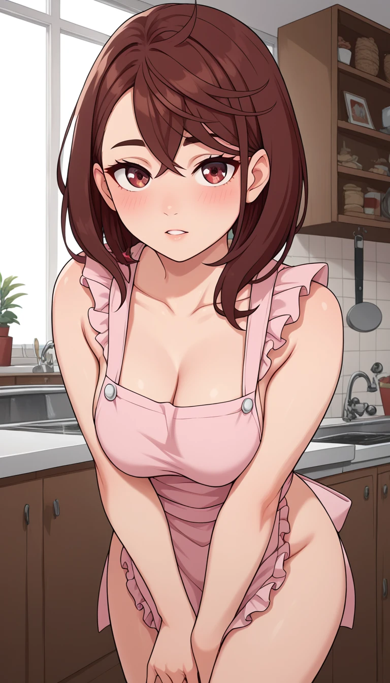 _Wow,  medium hair, Brown Hair,  Brown Eyes , medium breasts,  poses shyly, Red face, nude,  naked apron with suspenders , Blush Spicy