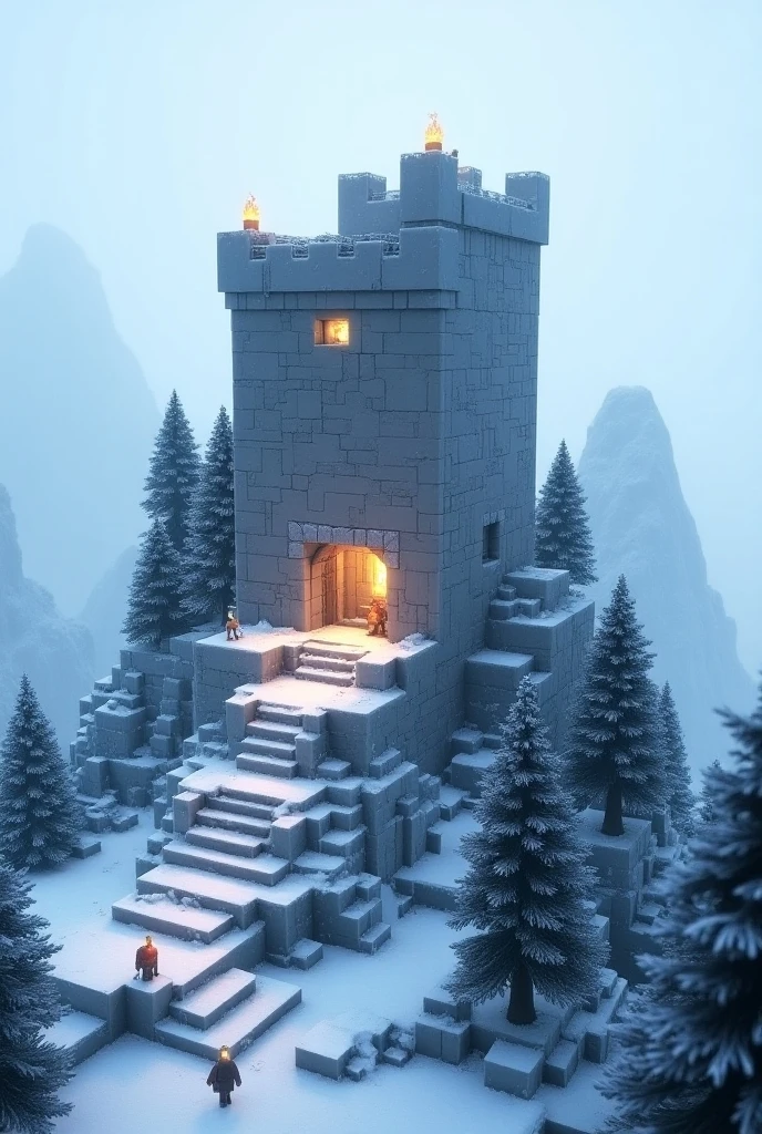 Snowy Mountain Fortress
"A realistic Minecraft fortress on a snowy mountain peak, with icy stone walls and torchlight illuminating the entrance. Snow-covered pine trees surround the fortress, and distant mountains are visible under a pale blue sky. Snow falls gently, blanketing the terrain. The blocks look rugged and cold, with realistic textures showing cracks in the stone and frost forming on surfaces."