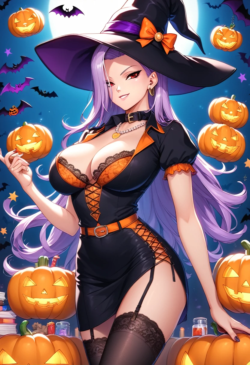 (halloween night:1.5),(Sexy Witch:1.5),(Seductive charm:1.5),(moonlit sky:1.1),(Festive celebrations:1.1),(gigantic cleavage breasts),(Beautuful Women),(Evil laughter),Look at the camera,Pumpkin in hand,Standing in the doorway