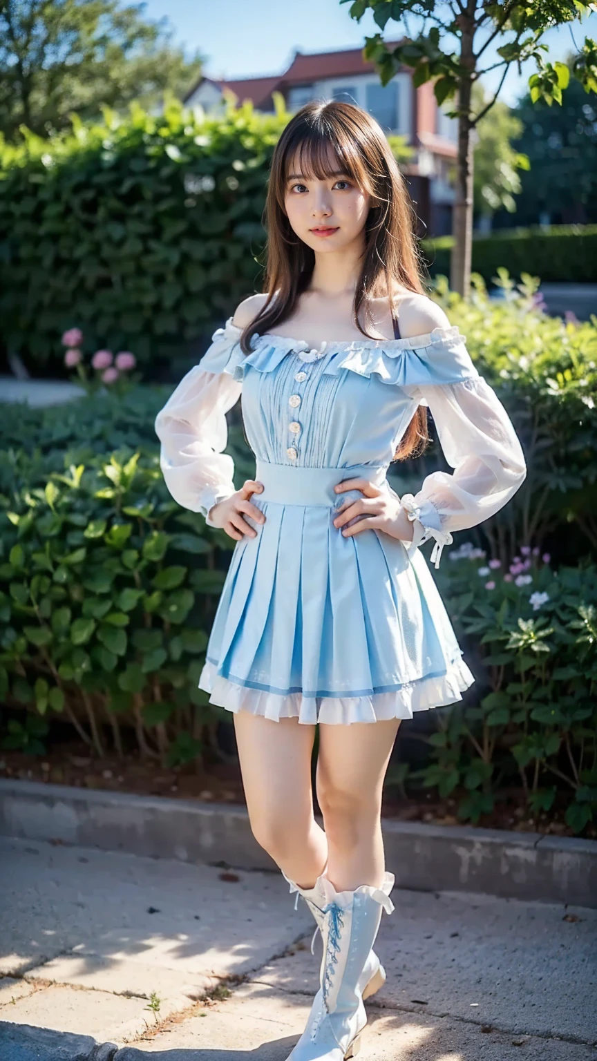 (8k、 RAW Photos、 best quality 、masterpiece:1.2)、(Realistic、Realistic)、1 person、(( cleavage、uniform、 see-through 、Frills、dress、White and light blue、 off shoulder、 accessories、 miniskirt in length、boots、Stand with hands on hips、whole body、garden))、cute