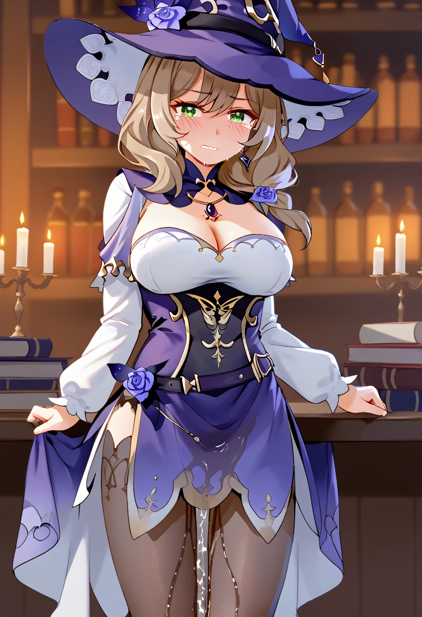 (\li sha\), 1girl, breasts, lisa \(genshin impact\), A detailed portrait of a young woman with beautiful green eyes, brown hair, and bangs, wearing a witch hat, dress, pantyhose, and purple headwear with earrings, (1girl, detailed eyes, extremely detailed face), beautiful detailed eyes, extremely detailed eyes and face, long eyelashes, brown hair, green eyes, witch hat, purple headwear, earrings, long hair, bangs, hair ornament, (wetting self:2.0), humiliation, blushing, angry, tears, standing, (best quality, 4k, 8k, highres, masterpiece:1.2), ultra-detailed, HDR, UHD, studio lighting, ultra-fine painting, sharp focus, physically-based rendering, extreme detail description, professional, vivid colors, bokeh, portrait