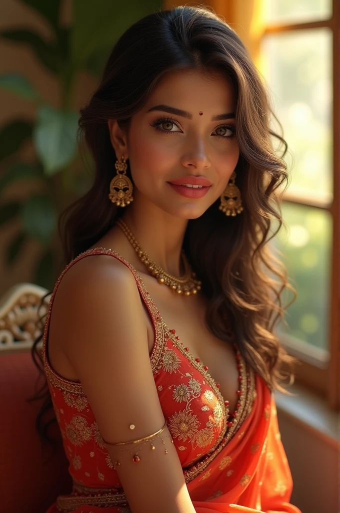 Brazilian girl realistic Ai influencer, brown eyes, red lips, big , look like realistic and, model body, deep eyes, jawlines perfect wear sari