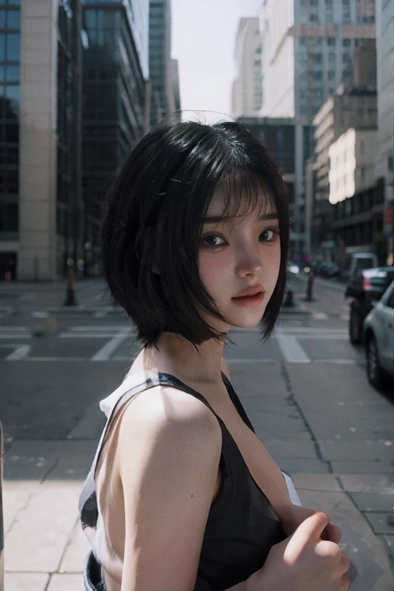 (photorealism:1.2), beautiful woman, bob cut, teen, black hair, Fujifilm X100V, Tifa Lockhart