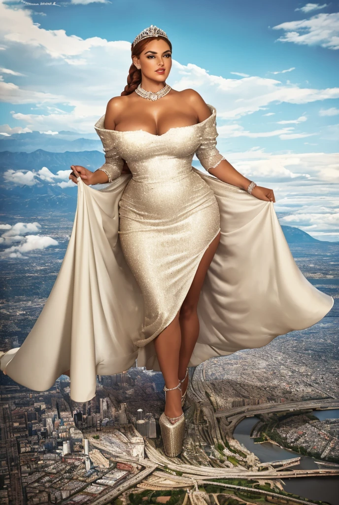 1, massive 100 miles tall giantess curvy bbw woman bigger the whole cities, beautiful curves a massive thighs, ginger hair in a long fishtail braid, lipstick,  Young adult woman beautiful curves a massive thighs lipstick wearing a perfect long flowing pure white wedding dress that reaches the floor covering feet with fit-to-flare silhouette, heart shape on the bodice, large necklace , sleeves, (long trailling train and tiara and long veil), a long flowing train, colossal breasts. Platform high heels , standing, giantess art, highly detailed giantess shots, giantess, most detailed, perfect face, Two legs, Five fingers, short hair, A girl who is bigger than a skyscraper, standing on very small city, skyscarpers at their feet, skyscrapers small, smile, huge breasts, major metropolis, numerous cities, , A very small big city, Miniature metropolis, Full body description, GTS, giga giantess, gigagts, stomping city, crush city, tiny city, micro city, , High resolution, highest quality, masterpiece,  tiny destroyed skyscrapers city, illustration, skyscrapers size of small toys standing behind and very far away from city, (masterpiece, best quality, best shadows, best shading, perfect hands, perfect face, cinematic lighting, colorful, ultra-detailed, beautiful photography, character focus, extremely-detailed, photorealistic, hyper photorealism, atmospheric),), (giantess, stereotypical), ((walking, mid stride:1.2, stepping down on:1.2, white platform Louboutin rounded toe pumps, high heels, platform heels), ((,)), ((long braid hair with front bangs)), (high altitude photography, satellite view), (curvy, , heaving bosom, legs), (mega city, urban sprawl, and small towns, destruction, buildings, roads), (((cloudy, overc. The image is a high-resolution, masterpiece-quality, cinematic, ultra-detailed, and hyper-photorealistic photograph, with perfect hands, face, and lighting. ultra-detailed, 8K, photo-realistic, hyper-realistic, masterpiece, intricate details, full body view