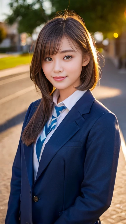 (Best Quality,8K quality,masterpiece:1.3),(  ultra high resolution , photorealistic:1.4,RAW photo),( very detailed , caustics, detailed background ),( Ultra Real Capture , beautiful and detailed skin , perfect anatomy),dusk,Twilight Sky, School building,Schoolyard,18 years old,cute,Monocular,Black short bob,  School Blazer Uniforms, looking at the camera ,Laughter,Bust up shot,  natural soft light with iron lattice visible、Natural beauty girl、pure white、transparency、spouse