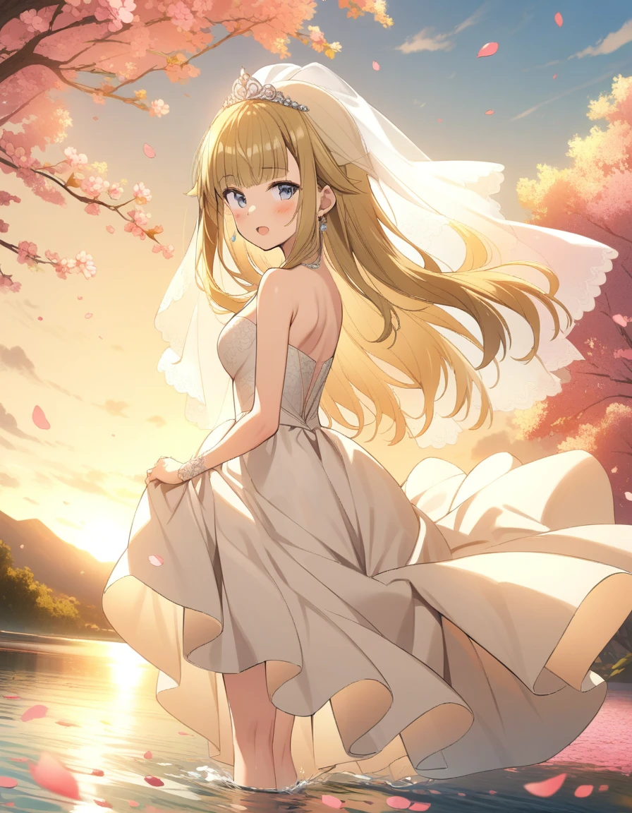 ((Best quality))),((Ultra-detailed)),((illustration)),((Disheveled hair)),((frilld)),(1 girl),(Solo), 
1girl,bangs,blue sky,blush,bridal veil,cherry blossoms,cloud,cloudy sky,confetti,day,dress,earrings,eyebrows visible through hair,falling petals,flower,hair between eyes,hair ornament,high heels,jewelry,leaves in wind,long hair,looking at viewer,looking back,ocean,open mouth,outdoors,petals,petals on liquid,rose petals,shoes removed,sidelocks,single shoe,sky,soles,solo,splashing,tiara,tree,underwear,veil,water,wedding dress,white dress,Rating:safe,foreshortening,
blonde hair,grey eyes,