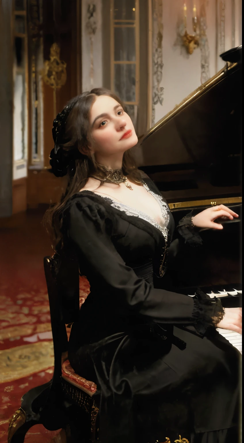 Guests attend a Chopin Concert in a private residence 1840s, a highly detailed portrait of elegant guests attending a private Chopin piano concert in a luxurious 1840s mansion interior,(photorealistic,masterpiece:1.2),ultra-detailed,(realistic,photo-realistic:1.37),ornate furnishings,chandeliers,plush curtains,grand piano,audience in formal attire,candlelight,mood lighting,dramatic shadows,warm color tones,victorian era,classical music,elegant aristocratic atmosphere 1840s