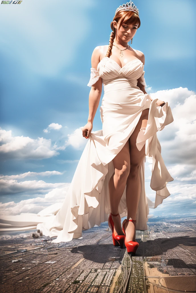 1, massive 100 miles tall giantess curvy bbw woman bigger the whole cities, beautiful curves a massive thighs, ginger hair in a long fishtail braid, lipstick,  Young adult woman beautiful curves a massive thighs lipstick wearing a perfect long flowing pure white wedding dress that reaches the floor covering feet with fit-to-flare silhouette, heart shape on the bodice, large necklace , sleeves, (long trailling train and tiara and long veil), a long flowing train, colossal breasts. Platform high heels , standing, giantess art, highly detailed giantess shots, giantess, most detailed, perfect face, Two legs, Five fingers, short hair, A girl who is bigger than a skyscraper, standing on very small city, skyscarpers at their feet, skyscrapers small, smile, huge breasts, major metropolis, numerous cities, , A very small big city, Miniature metropolis, Full body description, GTS, giga giantess, gigagts, stomping city, crush city, tiny city, micro city, , High resolution, highest quality, masterpiece,  tiny destroyed skyscrapers city, illustration, skyscrapers size of small toys standing behind and very far away from city, (masterpiece, best quality, best shadows, best shading, perfect hands, perfect face, cinematic lighting, colorful, ultra-detailed, beautiful photography, character focus, extremely-detailed, photorealistic, hyper photorealism, atmospheric),), (giantess, stereotypical), ((walking, mid stride:1.2, stepping down on:1.2, white platform Louboutin rounded toe pumps, high heels, platform heels), ((,)), ((long braid hair with front bangs)), (high altitude photography, satellite view), (curvy, , heaving bosom, legs), (mega city, urban sprawl, and small towns, destruction, buildings, roads), (((cloudy, overc. The image is a high-resolution, masterpiece-quality, cinematic, ultra-detailed, and hyper-photorealistic photograph, with perfect hands, face, and lighting. ultra-detailed, 8K, photo-realistic, hyper-realistic, masterpiece, intricate details, full body view