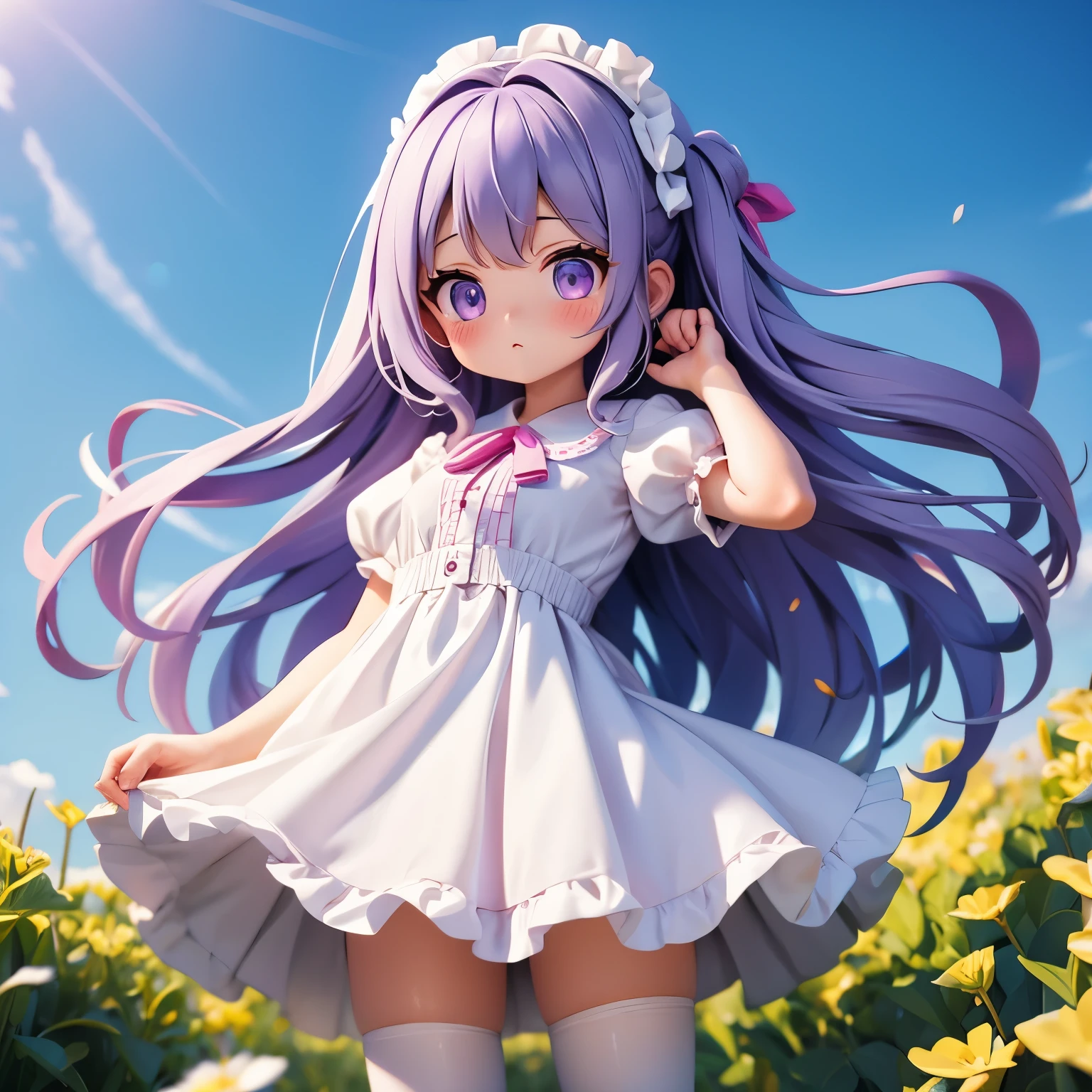 1 girl in white pantyhose、Long hair、 Purple Eyes 、 beautiful eyes 、(Full, Large target)、Idol服装、 ribbons on clothes 、((wrinkle))、(light colored dress)、 Short sleeve、 puffy sleeves 、(Idol)、Beautiful Feet、 to a standing photo、 to a standing、Field Background、( highest quality high resolution )、( best quality :1.2))