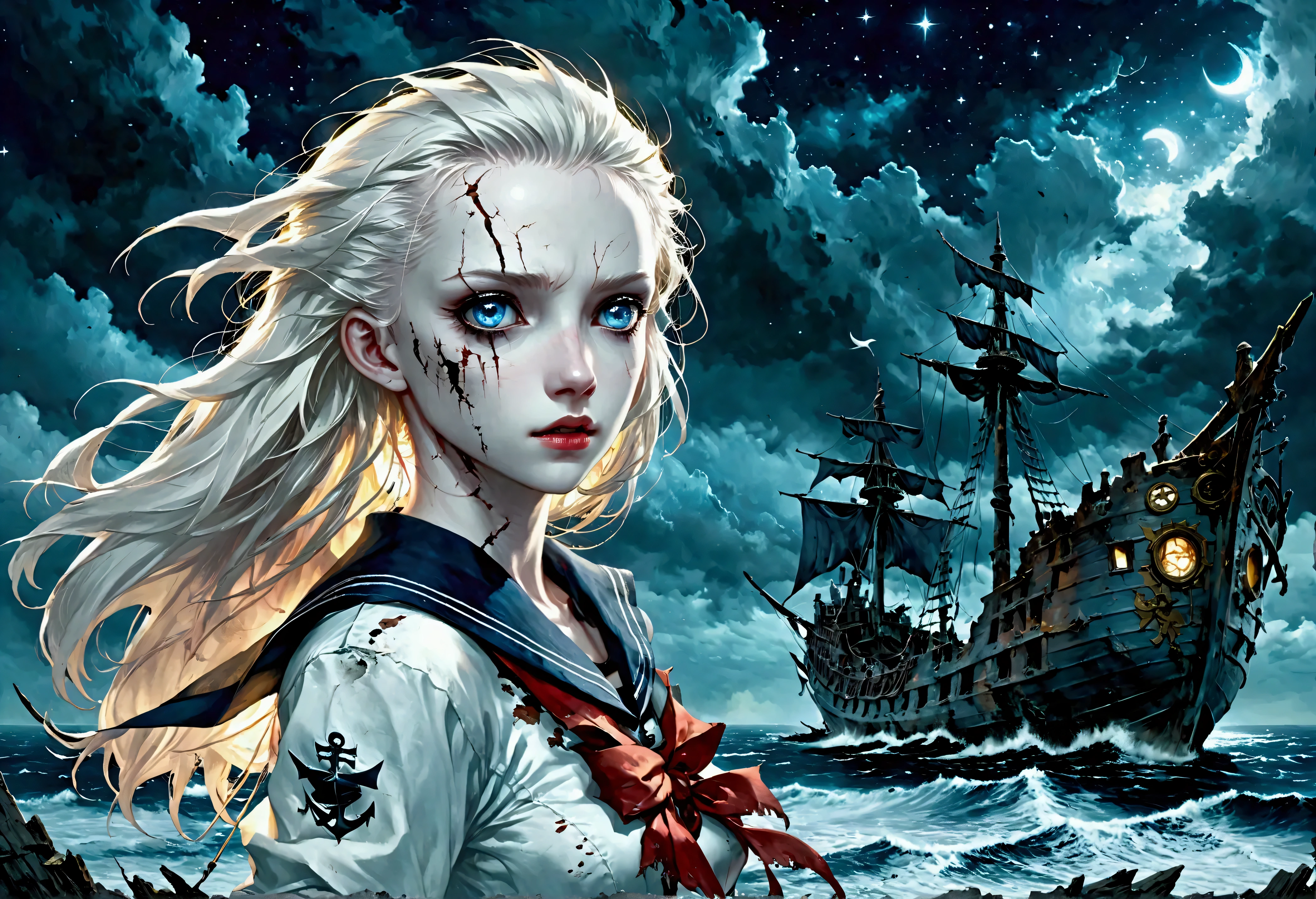 a fantasy art of a pale ghost of a female sailor haunting a wrecked ship, female ghost sailor, (pale white skin: 1.3), glowing eyes, wearing (tattered sailor uniforms: 1.2), ancient wrecked ship background, night time, stars in the sky, heavy clouds, sense of death, sense of dread, best quality, 16k, ultra detailed, masterpiece, best quality, (extremely detailed), dynamic angle, ultra wide shot, photorealistic, RAW, fantasy art, dnd art, fantasy art, realistic art, manga style