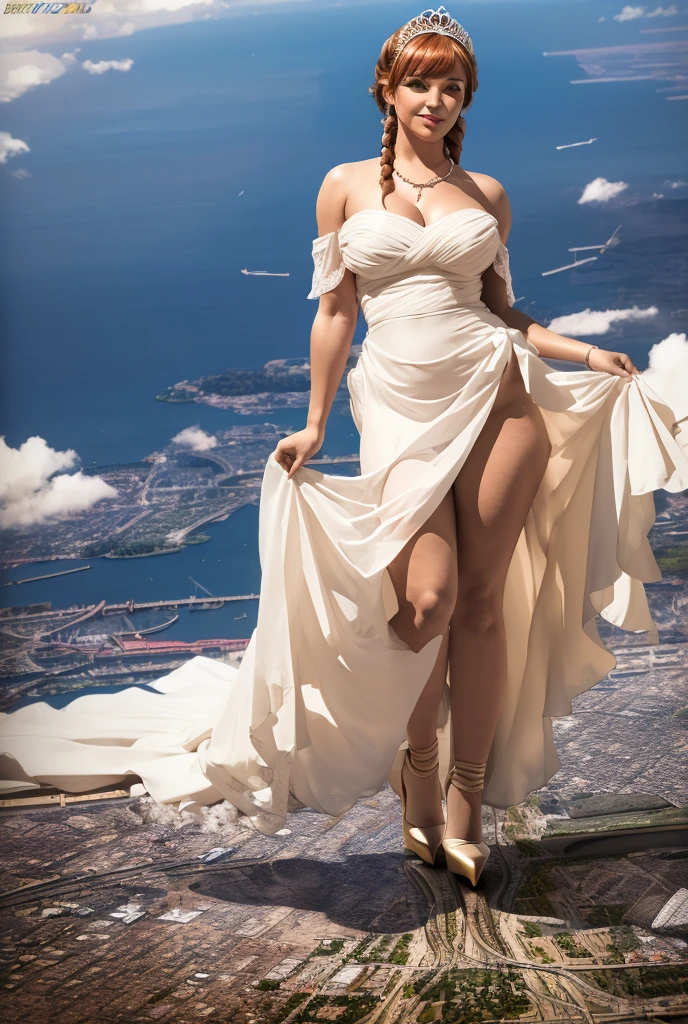 1, massive 100 miles tall giantess curvy bbw woman bigger the whole cities, beautiful curves a massive thighs, ginger hair in a long fishtail braid, lipstick,  Young adult woman beautiful curves a massive thighs lipstick wearing a perfect long flowing pure white wedding dress that reaches the floor covering feet with fit-to-flare silhouette, heart shape on the bodice, large necklace , sleeves, (long trailling train and tiara and long veil), a long flowing train, colossal breasts. Platform high heels , standing, giantess art, highly detailed giantess shots, giantess, most detailed, perfect face, Two legs, Five fingers, short hair, A girl who is bigger than a skyscraper, standing on very small city, skyscarpers at their feet, skyscrapers small, smile, huge breasts, major metropolis, numerous cities, , A very small big city, Miniature metropolis, Full body description, GTS, giga giantess, gigagts, stomping city, crush city, tiny city, micro city, , High resolution, highest quality, masterpiece,  tiny destroyed skyscrapers city, illustration, skyscrapers size of small toys standing behind and very far away from city, (masterpiece, best quality, best shadows, best shading, perfect hands, perfect face, cinematic lighting, colorful, ultra-detailed, beautiful photography, character focus, extremely-detailed, photorealistic, hyper photorealism, atmospheric),), (giantess, stereotypical), ((walking, mid stride:1.2, stepping down on:1.2, white platform Louboutin rounded toe pumps, high heels, platform heels), ((,)), ((long braid hair with front bangs)), (high altitude photography, satellite view), (curvy, , heaving bosom, legs), (mega city, urban sprawl, and small towns, destruction, buildings, roads), (((cloudy, overc. The image is a high-resolution, masterpiece-quality, cinematic, ultra-detailed, and hyper-photorealistic photograph, with perfect hands, face, and lighting. ultra-detailed, 8K, photo-realistic, hyper-realistic, masterpiece, intricate details, full body view