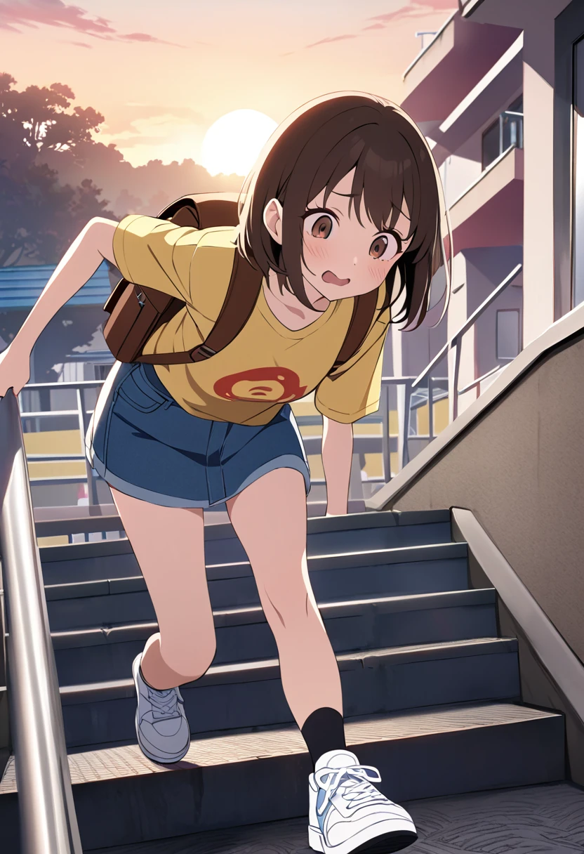 Best Quality、s、Red Knot、Brown eyes、 yellow shirt、 denim miniskirt、 White Panties 、Black socks、 white sneakers、brown backpack 、Housing complex stairs、 at dawn、 Strange Face