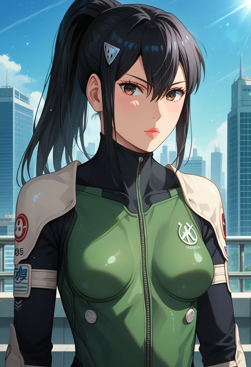 score_9,score_8_up,score_7_up,score_6_up,score_5_up,score_4_up BREAK skinny, medium breasts, shiny skin,bokeh,bloom, outdoors,light particles, skyscraper roof, 1girl, ((clear eyes)), Mina Ashiro, (((black hair, ponytail hair))), brown eyes, medium lips, black nails, pink lips, mature female, ((perfect model body)), ((kaiju battle suit)), wide hips, lewd look, model pose, posing