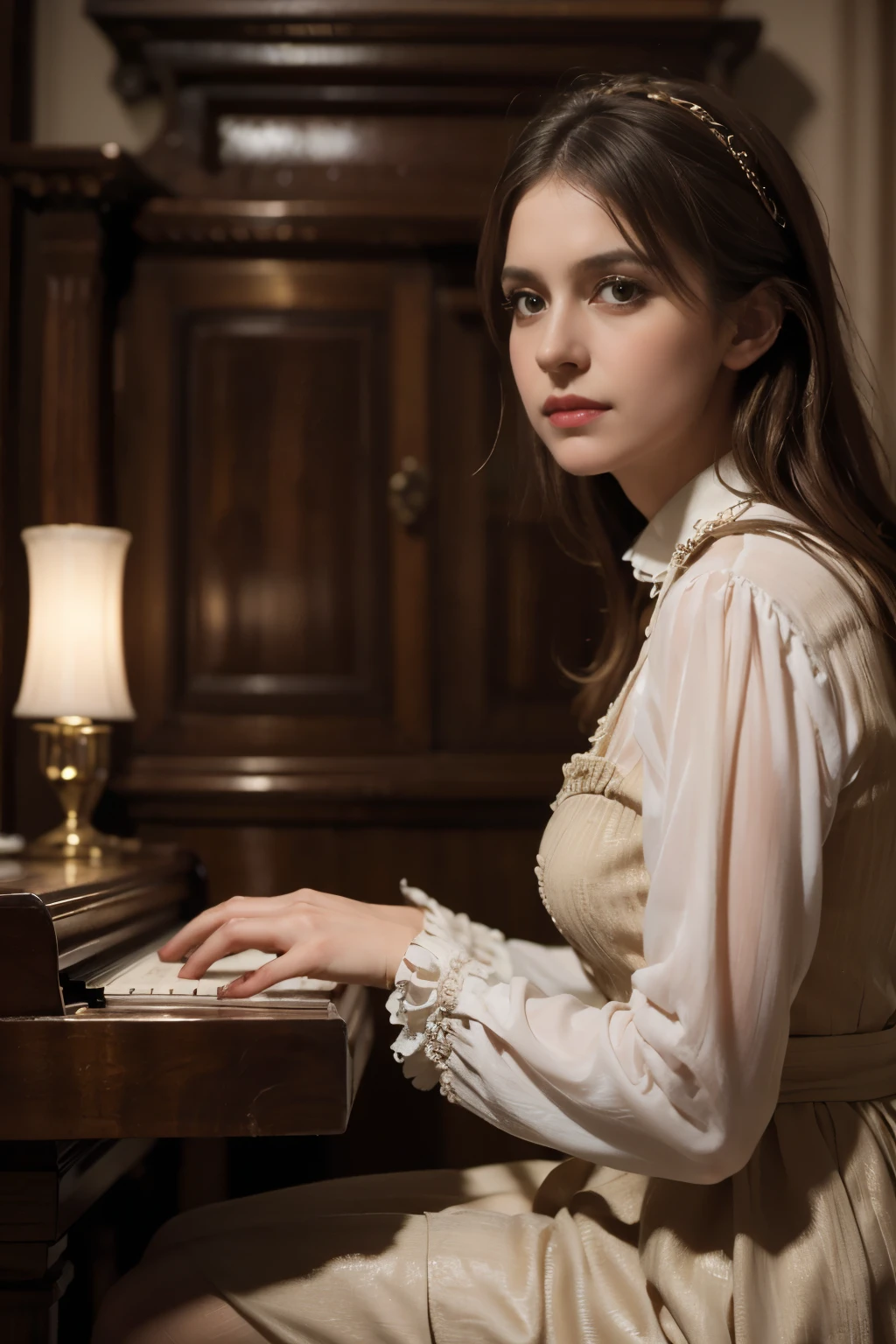 Guests attend a Chopin Concert in a private residence 1840s, a highly detailed portrait of elegant guests attending a private Chopin piano concert in a luxurious 1840s mansion interior,(photorealistic,masterpiece:1.2),ultra-detailed,(realistic,photo-realistic:1.37),ornate furnishings,chandeliers,plush curtains,grand piano,audience in formal attire,candlelight,mood lighting,dramatic shadows,warm color tones,victorian era,classical music,elegant aristocratic atmosphere 1840s