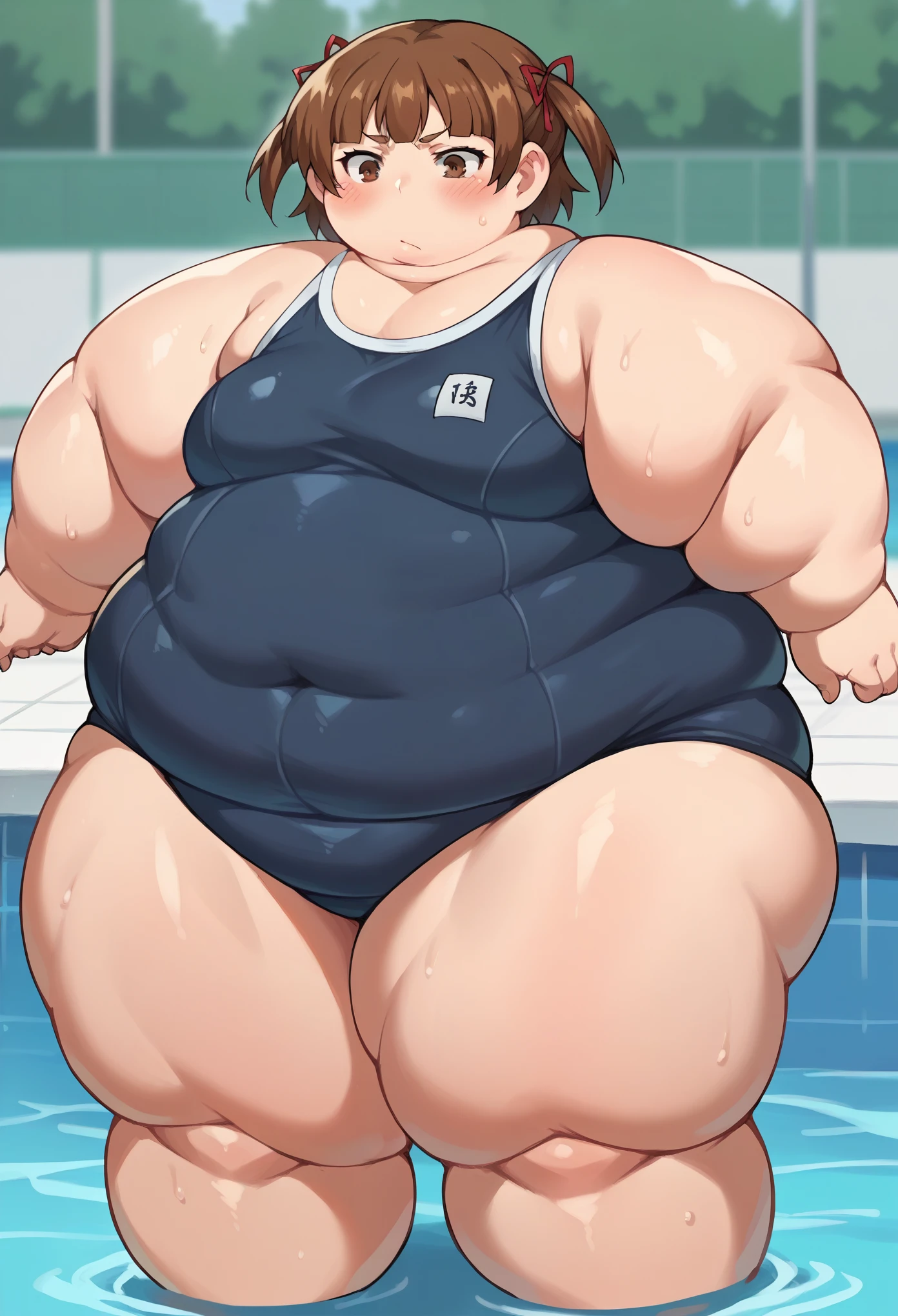 score_9, score_8_up, score_8, source_anime, 1girl, brown hair, brown eyes, solo, twintails, short twintails, short hair, hair ribbon, pool, school swimsuit , blush, stupid
beach background, blurry background, fat, chubby, obese, gigantic arms and legs 