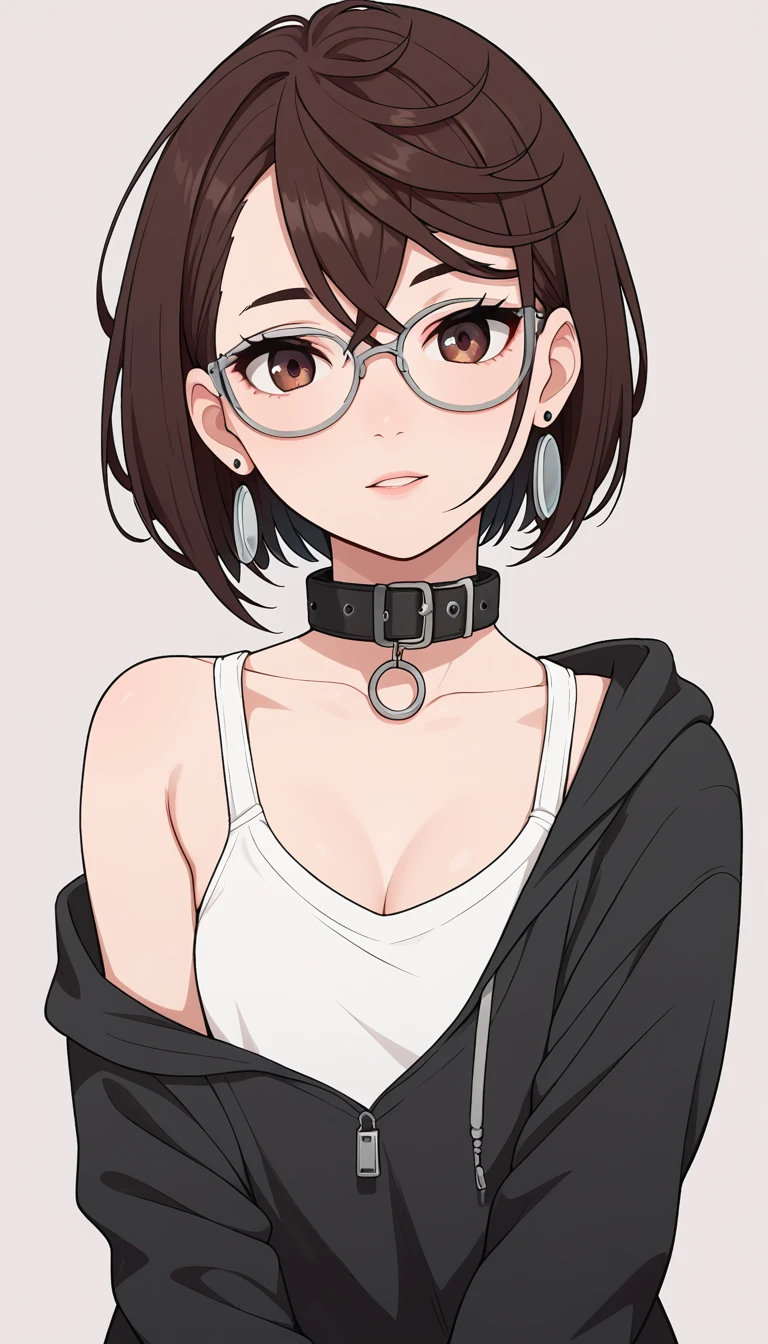 girl, very pale white skin, short black hair down to her shoulders, dark brown eyes, wearing square and light gray glasses, wearing a black hoodie with a collar