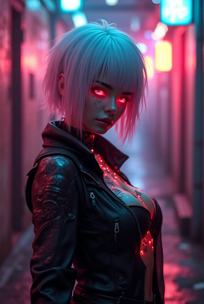 A cyberpunk person in a neon-lit alleyway, intricate body art and decorations with glowing features, futuristic outfit, vibrant colors, cinematic, hyperdetailed, unreal engine, 8K,  award winning , 3d rendering, masterpiece, artisticColas gemelas,  white hair, breasts, red eyes, Split lips, Vistas múltiples, Profundidad de campo, Hyperdetailed, Hyperrealism, Gothic art, 1 girl, 