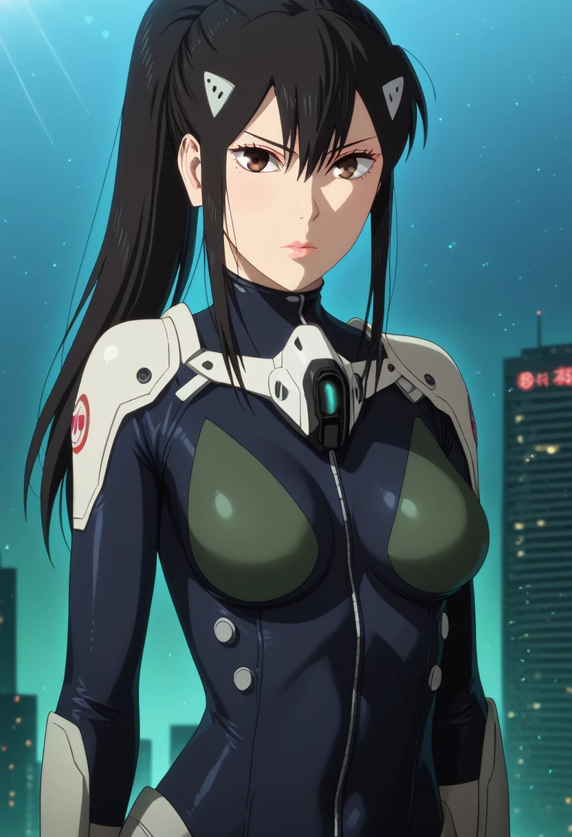 score_9,score_8_up,score_7_up,score_6_up,score_5_up,score_4_up BREAK skinny, medium breasts, shiny skin,bokeh,bloom, outdoors,light particles, skyscraper roof, 1girl, ((clear eyes)), Mina Ashiro, (((black hair, ponytail hair))), brown eyes, medium lips, black nails, pink lips, mature female, ((perfect model body)), ((kaiju battle suit, bodysuit, black bodysuit)), wide hips, lewd look, model pose, posing