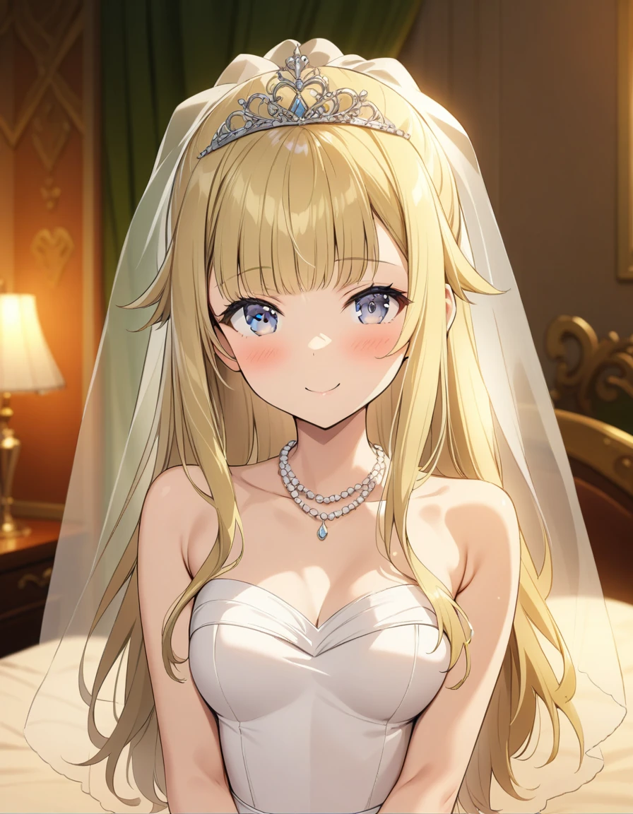 (((Best quality))),((Ultra-detailed)(((Best quality))), ((Ultra-detailed)), ((illustration)), ((Disheveled hair)), ((frilld)), (1 girl),(Solo), 
1girl, bare shoulders, bed, blush, bridal veil, canopy bed, curtain grab, curtains, dress, gloves, indoors, jewelry, looking at viewer, necklace, pearl necklace, smile, solo, tiara, veil, wedding dress, window, blonde hair,grey eyes,