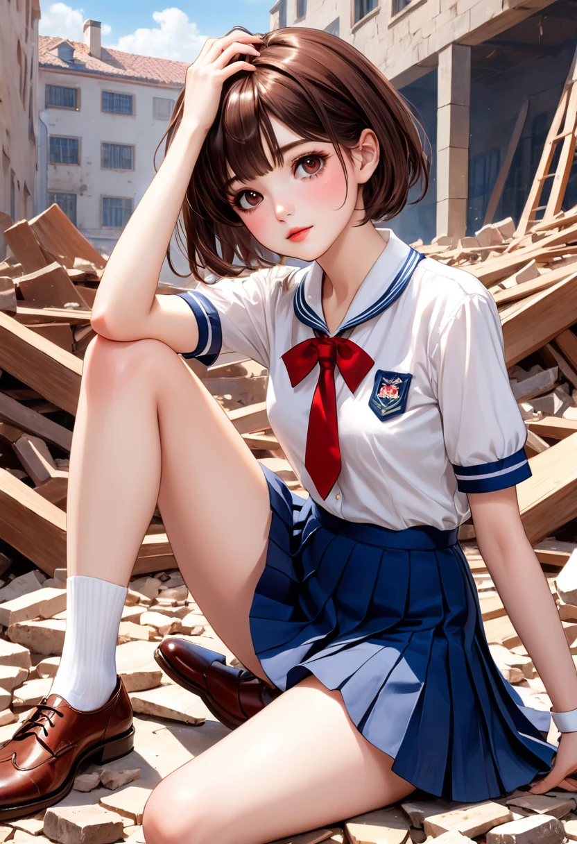 (Ultra-Detailed, Top Quality, High Resolution, Sharp Focus:1.4), (Craftsmanship Hyper-Realistic Photography:1.4), (8K UHD, HDR:1.2), A pretty 18-year-old tiptop schoolgirl in a white school sailor shirt, red tie, blue pleated skirt, panties, socks, loafers is sitting on the pile of rubble, blushing and looking at the viewer, kicking up her right leg, tilting her head. She has a short brown bob, smooth pale skin, dark eyes, a narrow nose, rosy cheeks, shiny lips with shy smile, medium sized breasts. Her face, body and even the texture of her hair are rendered in extreme detail. (Intricatery cluttered background). FRONT.