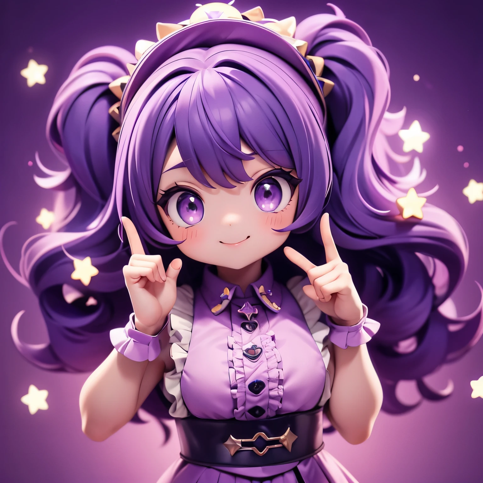 Hosono Ai, Gloves, Tongue sticking out, Tongue, Long hair, Star (symbol), Viewer, (  purple hair: 1.2),  Purple Eyes ,   upper body , Hair accessories, Ruffles, pink shirt,  Smile, sleeveless, shirt, Idol, symbol shaped pupil, Raise your hands, Bangs, One side up, Star-shaped pupils, Raise your arms, Pull clothes, The Roaring Twenties, Isometric, From above, whole body, Rembrandt, illustration, detail,  Depth of Field ,  watching the audience , Peace Sign, Raise your hand, Tongue out,  highest quality,  high resolution.