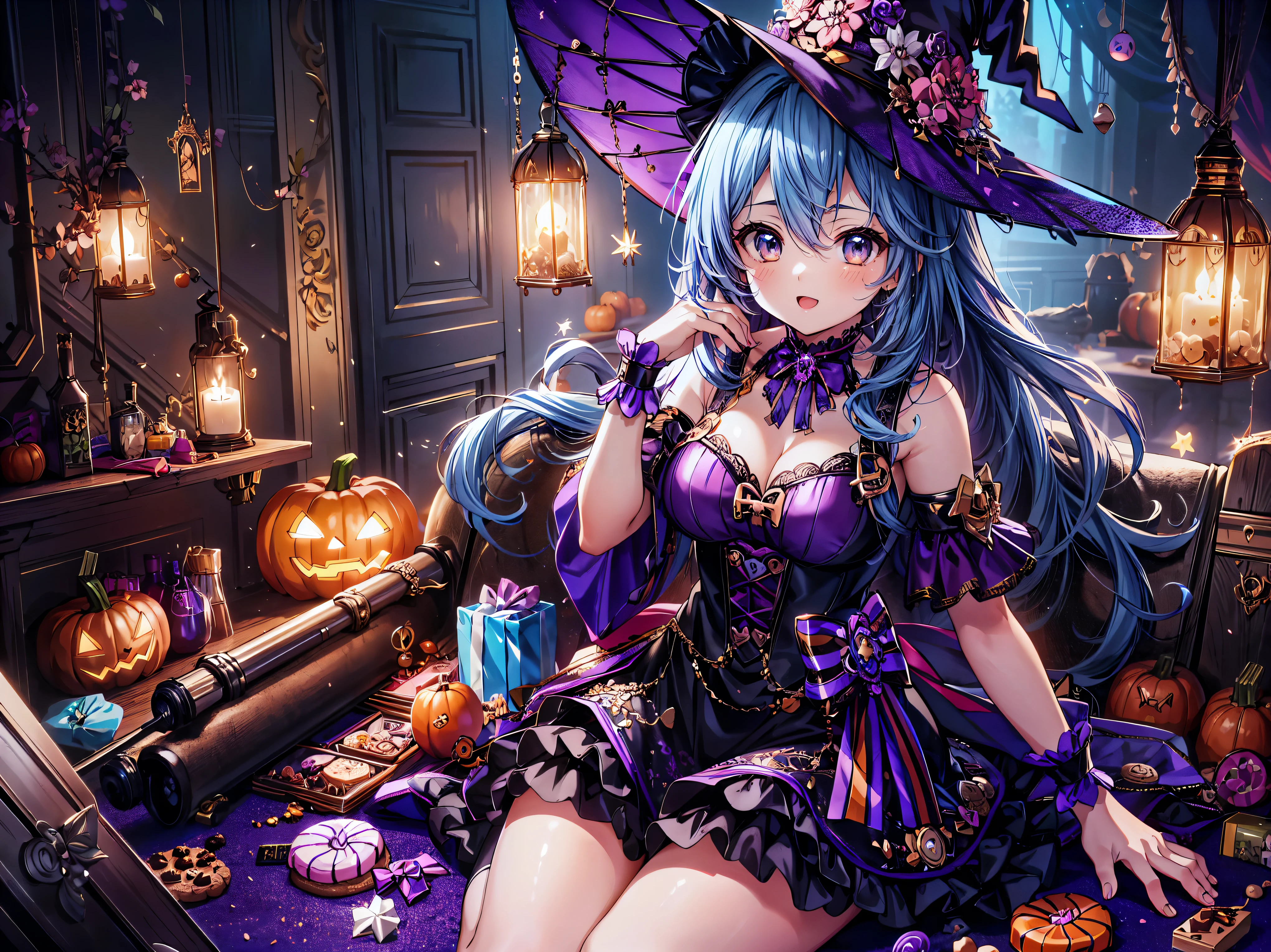 (( super high image quality )), ((Super detailed)), ((Best Quality)), Young woman,  Halloween , witch, witch's hat, lanthanum, 🎃, ((sweets, candy, cookie)), 
BREAK 
wavy hair, blue hair, happy smile, from front, sitting, (((Complete Hand))),  amazing digital paint , (anime moe art style:1.3),