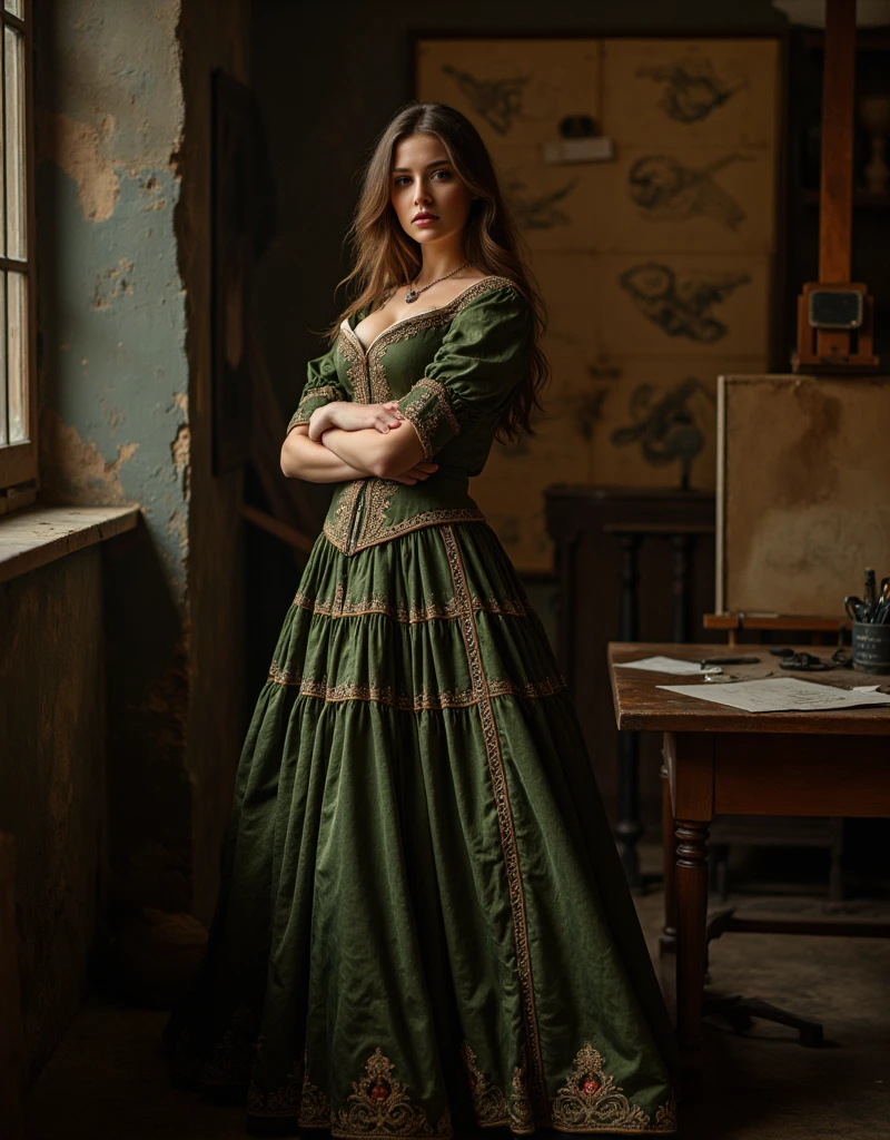 A full-color high-fashion editorial with a tight crop, positioning the model slightly off-center to capture a dynamic, immersive scene. The model, Amelia, is dressed in a sumptuous Renaissance gown adorned with intricate embroidery and delicate jewels, capturing elegance and historical allure. Her pose is poised yet inviting as she stands near a wooden easel, where an unfinished painting awaits, hinting at the genius in the room. Surrounding her are meticulously crafted sketches, mechanical drawings, and early inventions, all lit by the soft, golden light filtering through the rustic workshop windows. The setting combines shadows and warm highlights, casting a timeless aura that emphasizes both Amelia’s grace and the visionary atmosphere of da Vinci’s workspace. The color scheme is rich and muted, with deep, earthy tones of dark greens, browns, and aged golds, evoking the charm and mystique of the Italian Renaissance. Amelia’s expression is introspective yet subtly seductive, engaging the viewer with a gentle, direct gaze.