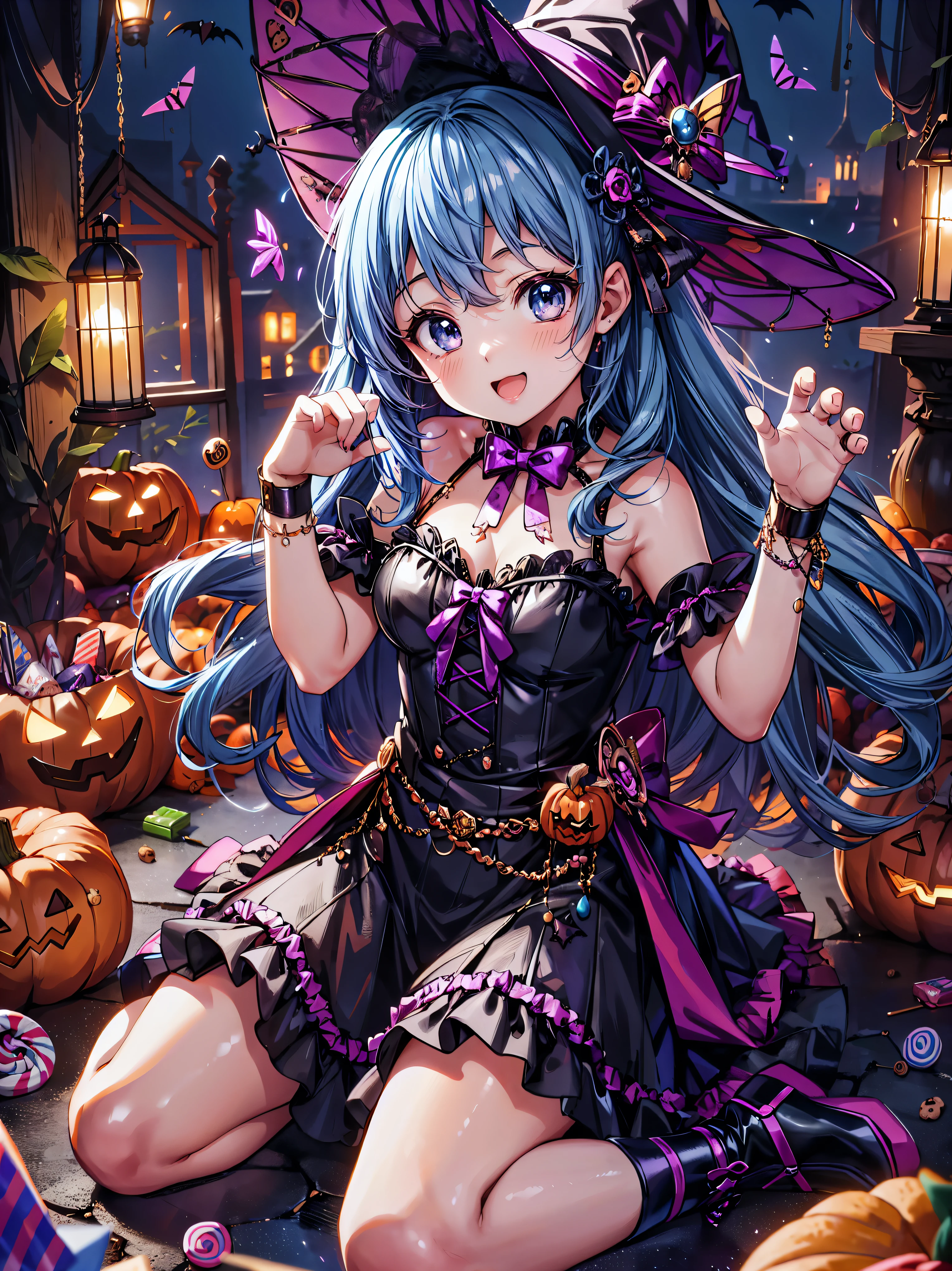 (( super high image quality )), ((Super detailed)), ((Best Quality)), Young woman,  Halloween , witch, witch's hat, lanthanum, 🎃, ((sweets, candy, cookie)), 
BREAK 
wavy hair, blue hair, happy smile, from front, sitting, head tilt, ((paw pose )), (((Complete Hand))),  amazing digital paint , (anime moe art style:1.3),