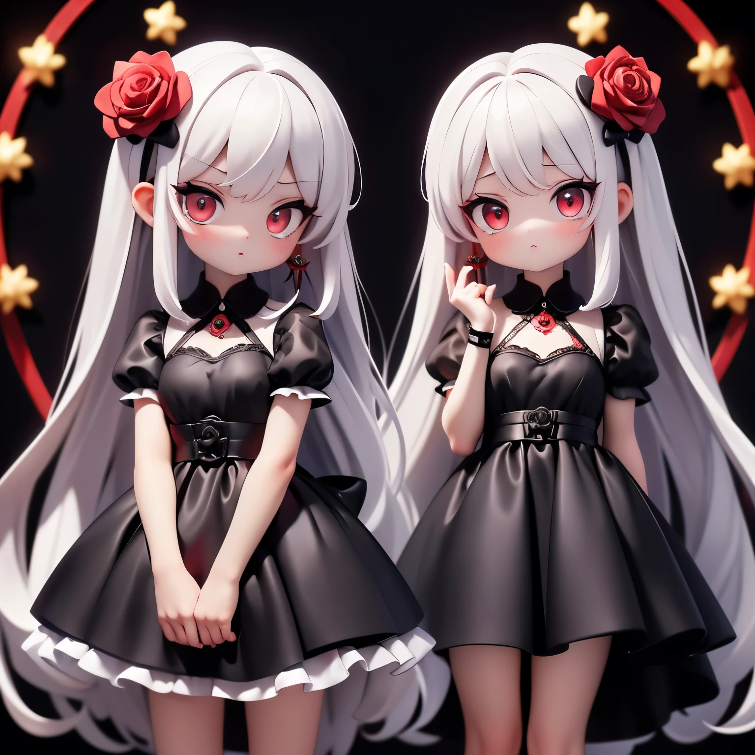 ( best quality , masterpiece), (1 Girl, unique, black dress, to a standing , watching the audience , White hair, Red Eyes, Holding a rose, Shut up, upper body ), (The red dream catcher is in the back, Red flowers, )
