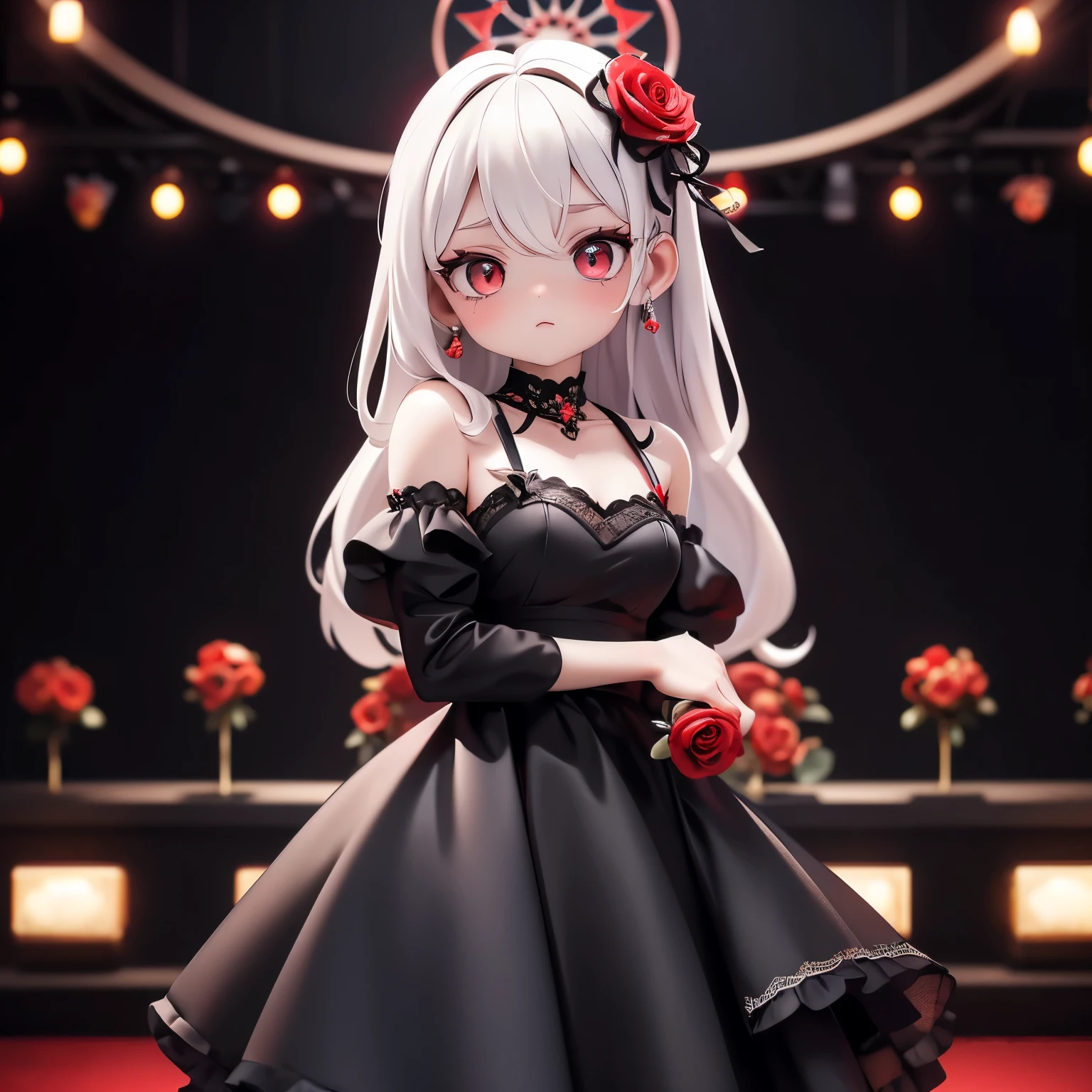 ( best quality , masterpiece), (1 Girl,  unique,  black dress,  to a standing ,   watching the audience  , White hair, Red Eyes, Holding a rose, Shut up,   upper body ), (The red dream catcher is in the back, Red flowers, )