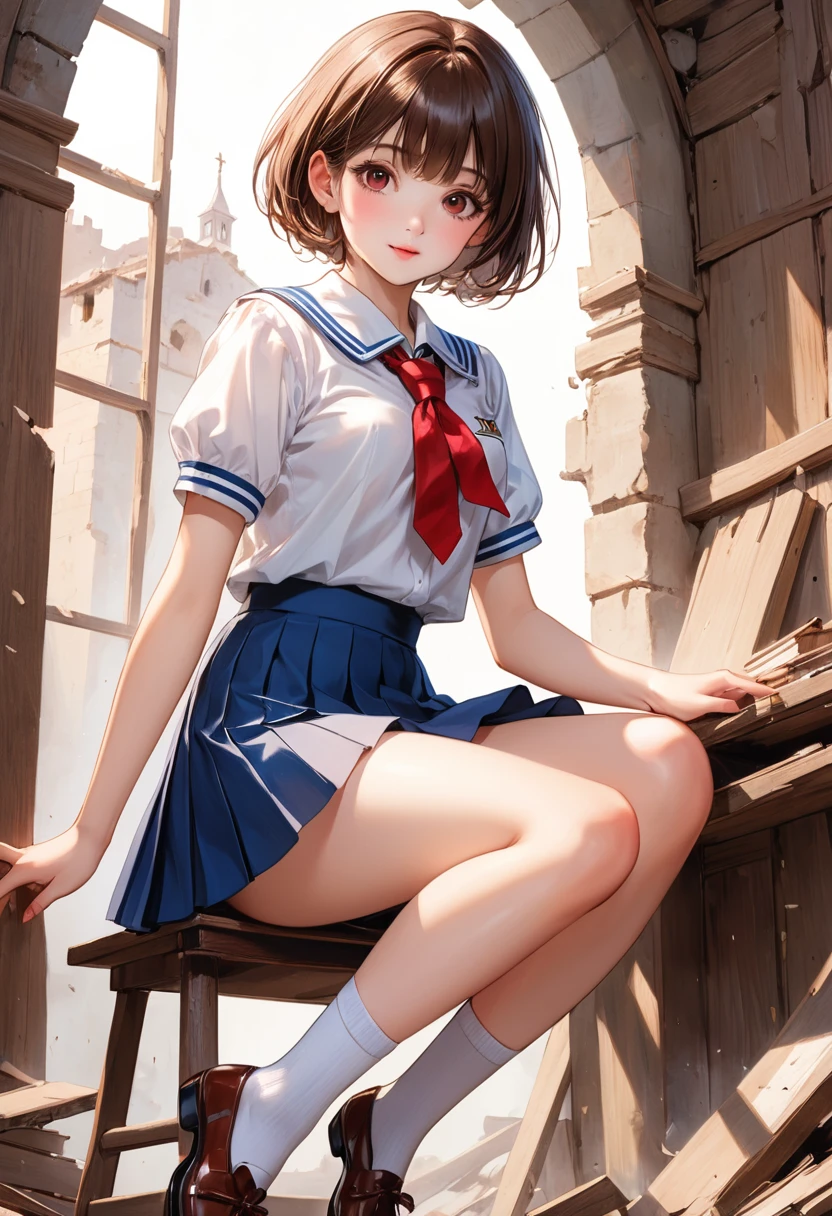 (Ultra-Detailed, Top Quality, High Resolution, Sharp Focus:1.4), (Craftsmanship Hyper-Realistic Photography:1.4), (8K UHD, HDR:1.2), A pretty 18-year-old tiptop schoolgirl in a white school sailor shirt, red tie, blue pleated skirt, panties, socks, loafers is sitting on an old chair in the ruins, blushing and looking at the viewer, kicking up her right leg, tilting her head. She has a short brown bob, smooth pale skin, dark eyes, a narrow nose, rosy cheeks, shiny lips with shy smile, medium sized breasts. Her face, body and even the texture of her hair are rendered in extreme detail. (Intricatery cluttered background). FRONT.