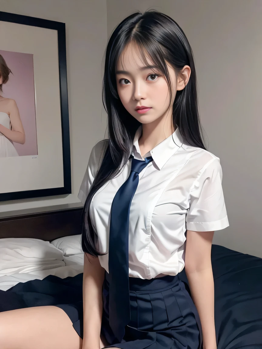 best qualtiy， 超高分辨率， （realisticlying：1.4）， 1girll，Pretty woman with slender figure：1.4，18 female high school students are sexy，White skin，二重まぶた，Delicate eyes，white short blouse，pink necktie，Pink pleated skirt，Over the knee black silk，Being in the room，sitting on a white bed，Fascinating expectations，Brunette half front half，Half in the back，Pose on the bed in a short skirt and shirt，JK school uniform，short- sleeved，tiedshirt