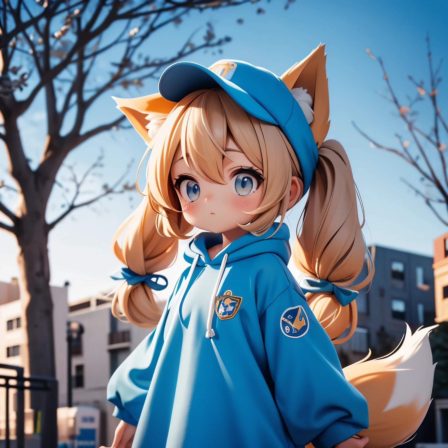 1 Girl, ( Animal ears ), Direct vision, whole body, watching the audience , hair between eyes, Hair accessories, shoulder-length hair , Twin ponytails, Fox Tail, ( Multiple tails:1.3), badge, Bangs, (Blue baseball cap:1.2), Clothing Writing, White clothes, hood, hood down, to a standing, Long sleeve, Shut up, ( blue dress:1.05), unique, ( Light blush :0.9), bare Tree,sky, Outdoors, sTreet, Tree