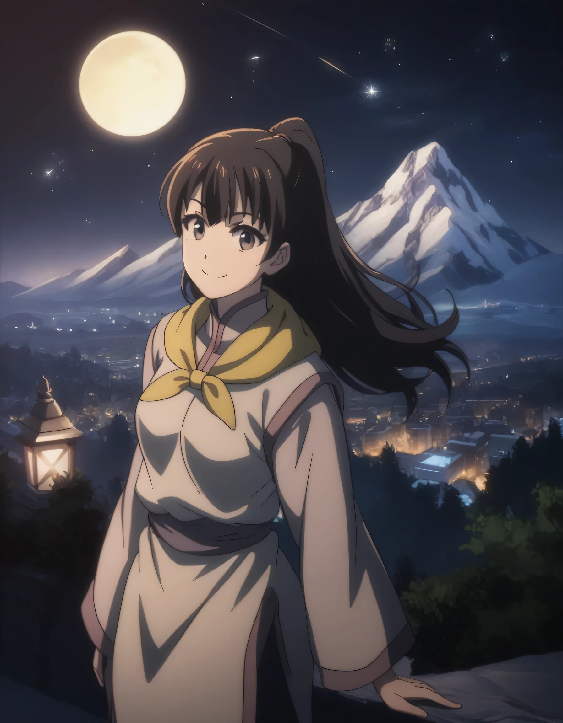 score_9, score_8_up, score_7_up, gsfghtr, multicolored robe, neckerchief, 1girl, bright, best lighting, smile, on top of mountain, city lights at night, moon, shooting stars